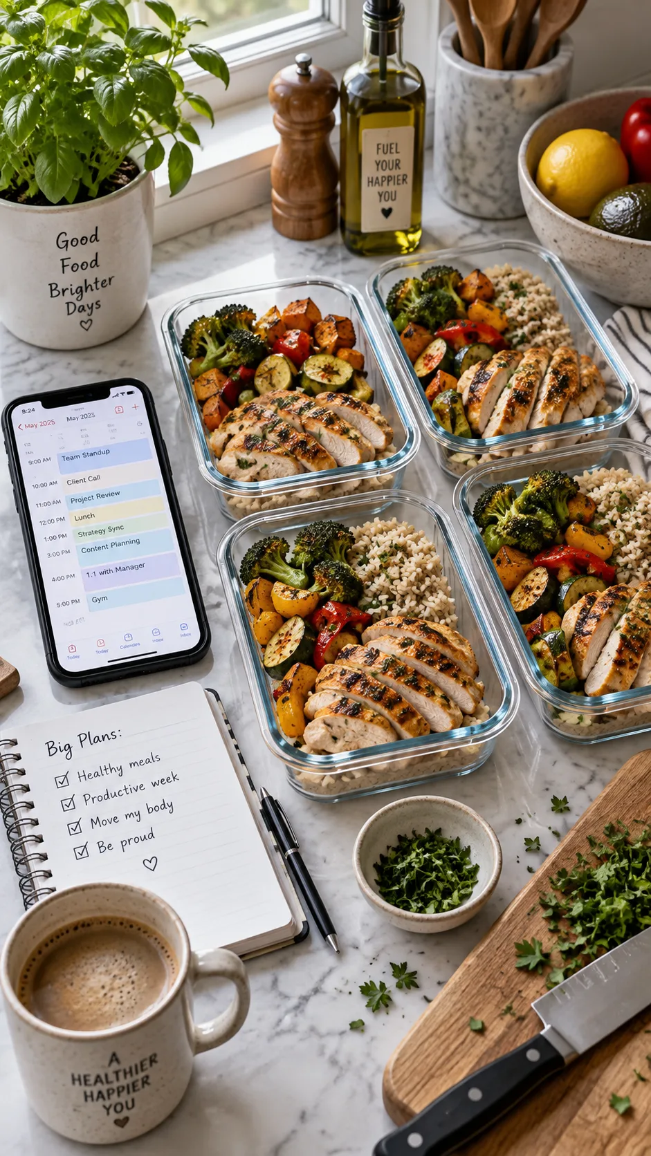 The Clean Eating Meal Plan That Actually Fits a Real, Busy Life 1 Overhead shot of a busy kitchen counter with glass meal prep containers filled with grilled chicken, roasted vegetables, and brown rice, a phone showing a calendar full of meetings beside them, natural window light, realistic lifestyle photography