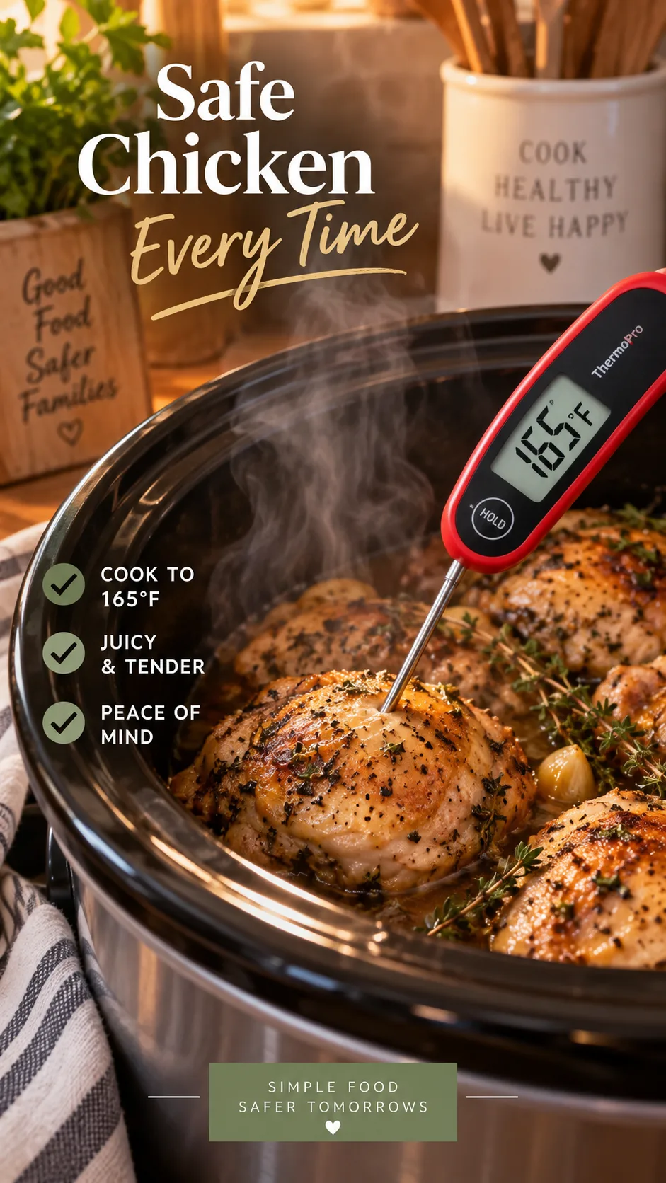 Crockpot Meal Prep Secrets That Make Healthy Weeknight Dinners Practically Effortless 4 Digital instant read meat thermometer inserted into a cooked chicken thigh inside a slow cooker, showing safe temperature, steam rising, warm kitchen lighting