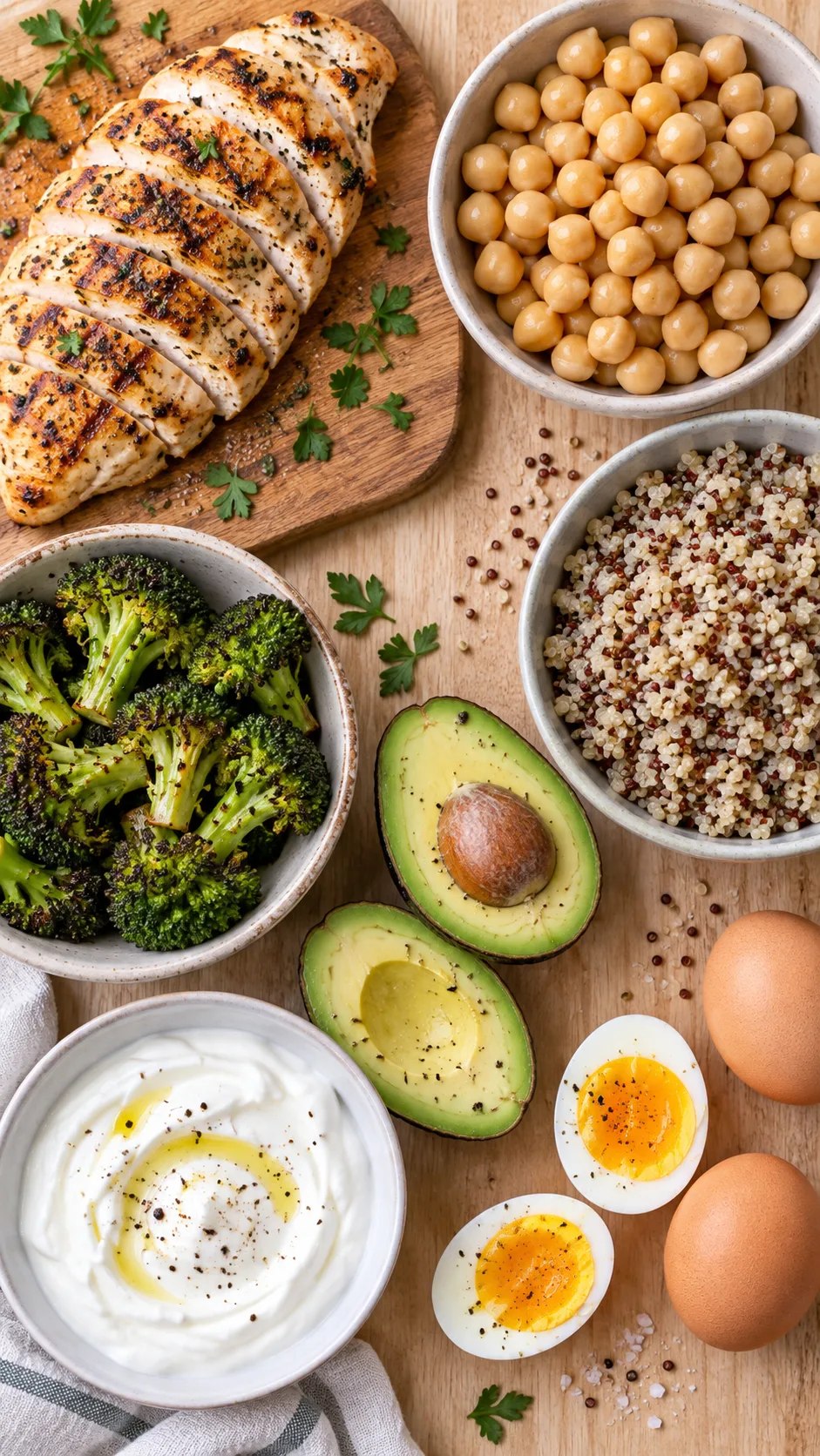 The Clean Eating Meal Plan That Actually Fits a Real, Busy Life 2 Flat lay of clean eating meal components arranged in sections: grilled chicken breast, canned chickpeas, quinoa, roasted broccoli, avocado, Greek yogurt, and eggs on a light wooden surface, bright natural lighting, food photography