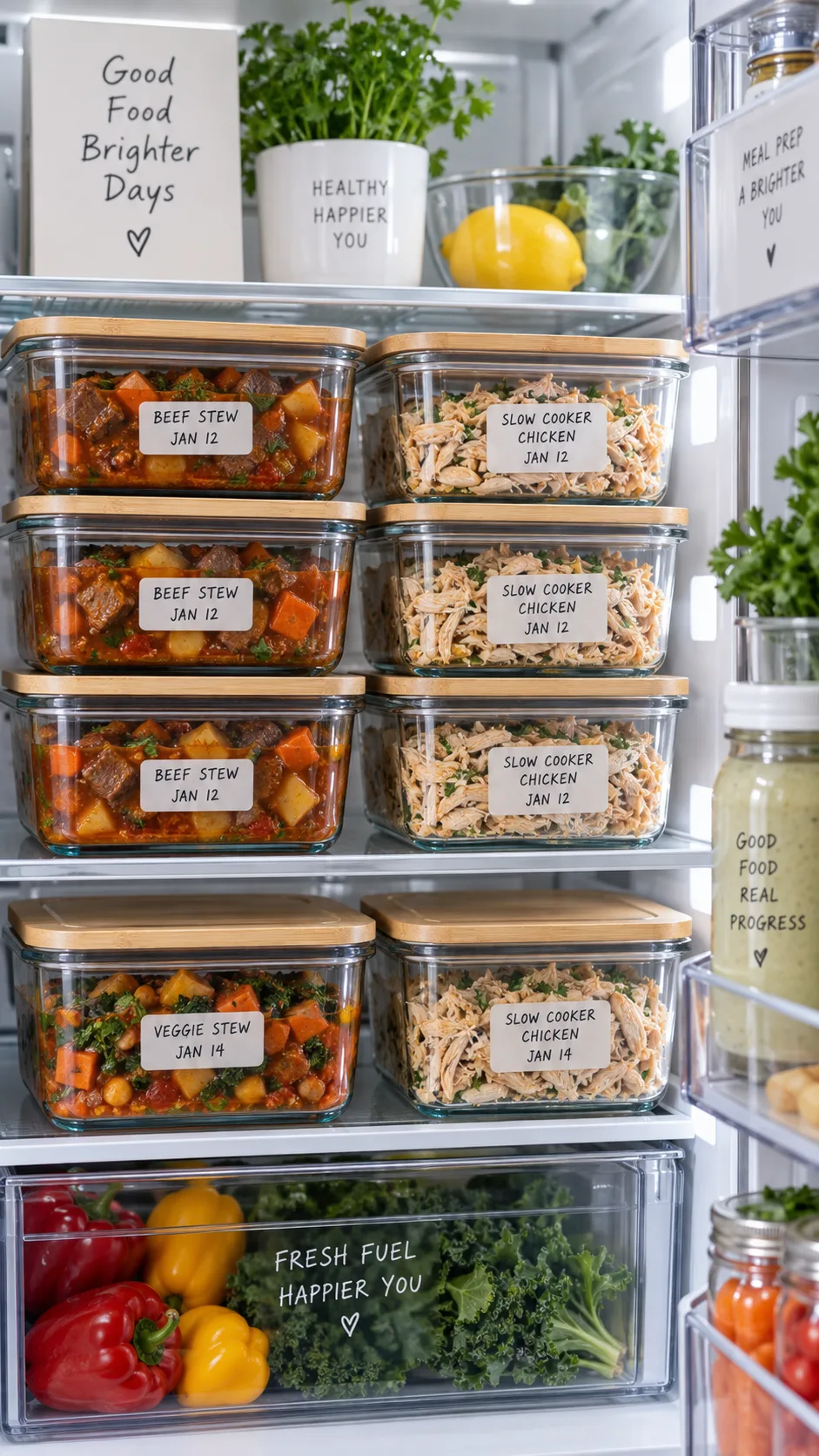 Crockpot Meal Prep Secrets That Make Healthy Weeknight Dinners Practically Effortless 5 Glass meal prep containers filled with colorful slow cooker stew and shredded chicken, arranged neatly in an open refrigerator, labeled with dates, clean modern kitchen