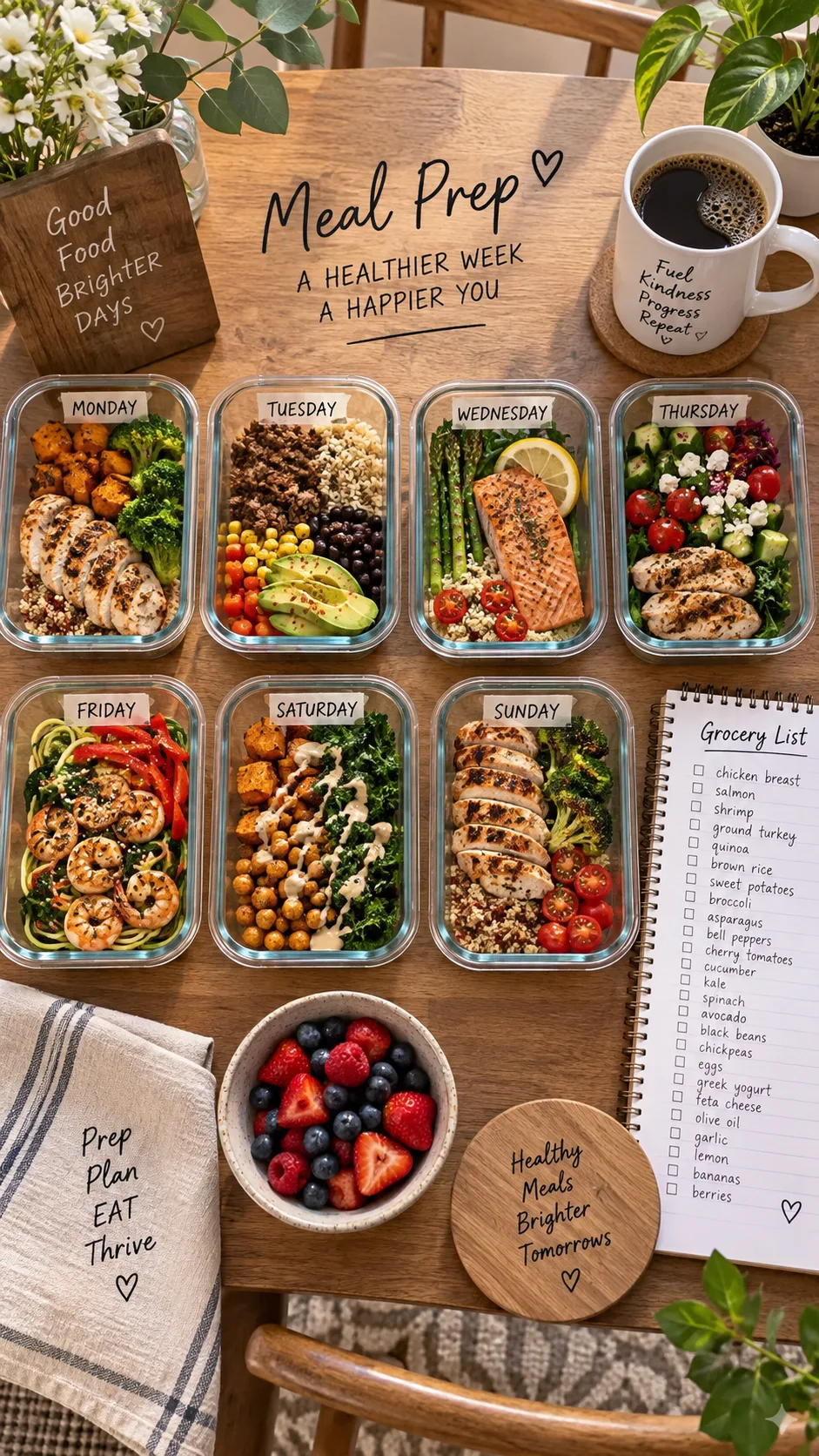 The Clean Eating Meal Plan That Actually Fits a Real, Busy Life 3 A weekly meal prep spread on a dining table: seven labeled glass containers with colorful balanced meals, a handwritten grocery list, and a coffee mug, warm natural light, top-down view