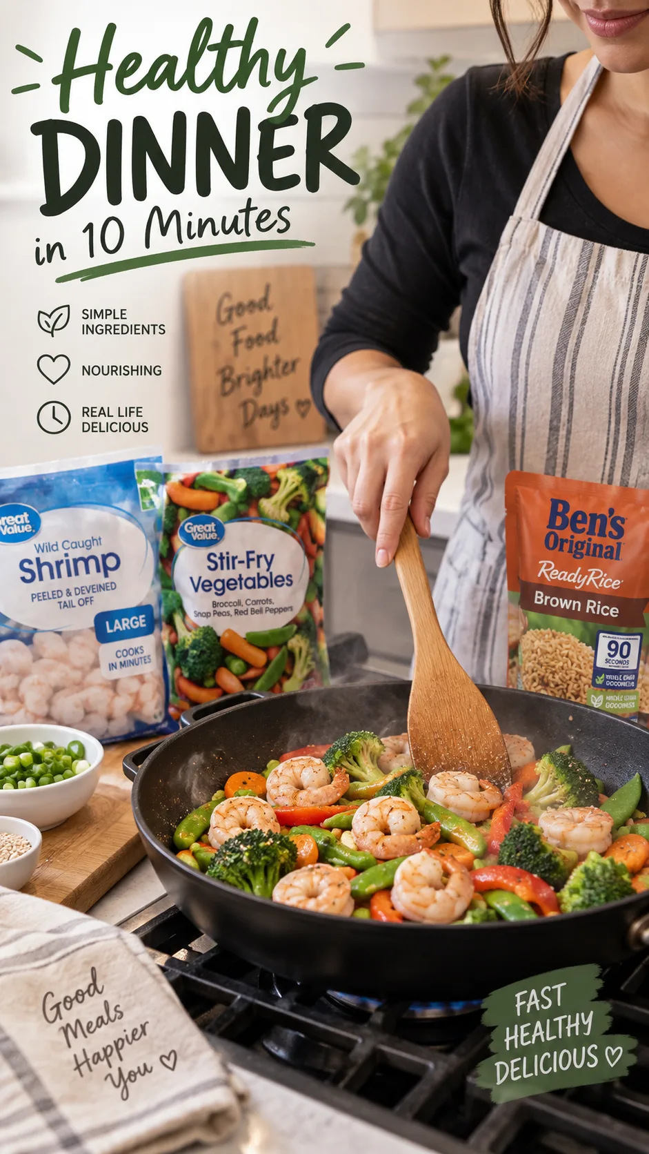 The Clean Eating Meal Plan That Actually Fits a Real, Busy Life 4 A quick 10-minute healthy dinner being assembled: frozen shrimp and vegetables in a hot skillet, microwave rice pouch nearby, person