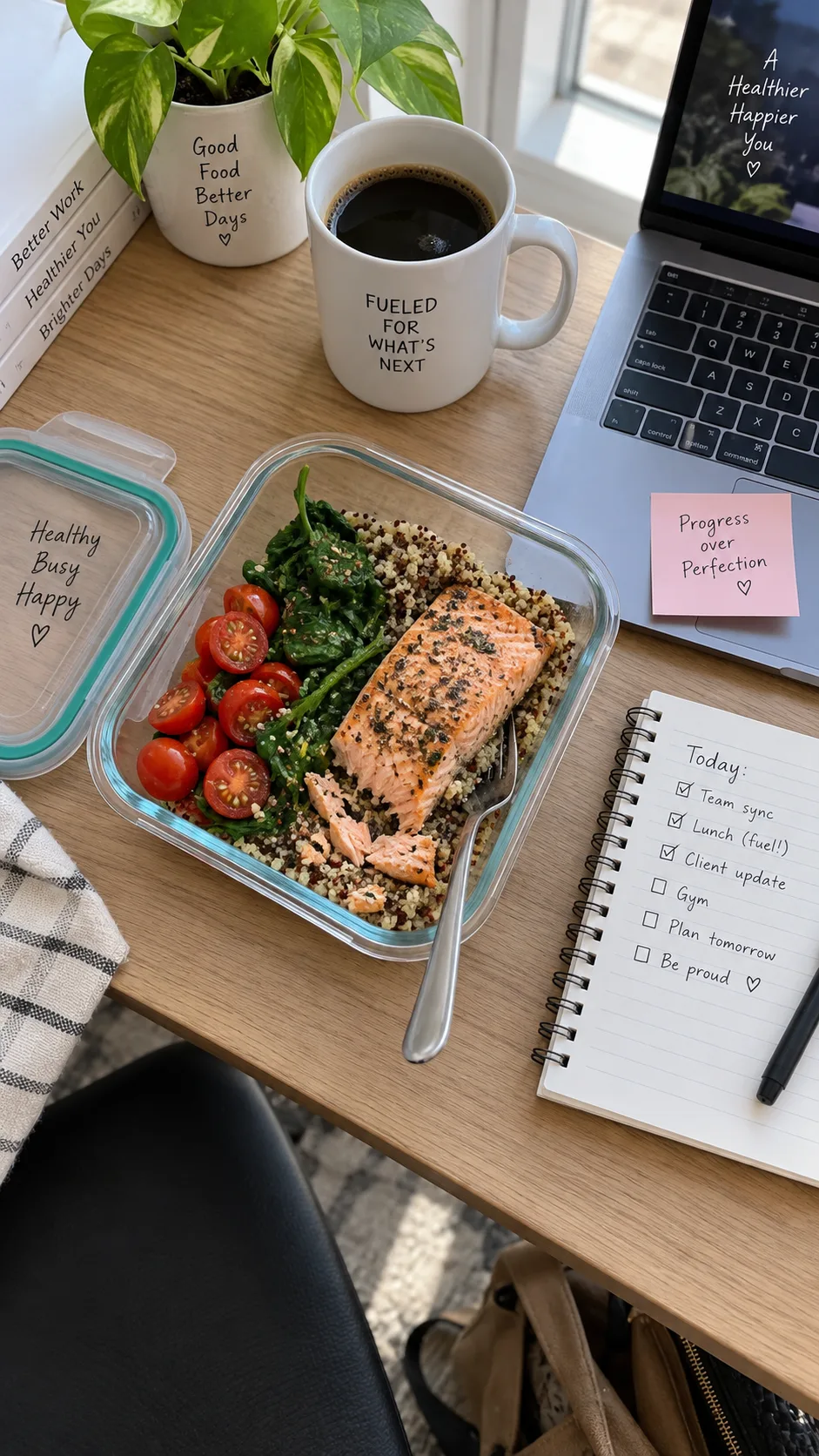 The Low Inflammation Diet Plan That Actually Fits a Busy Life 1 Overhead photo of a rushed but healthy weekday lunch on a small office desk: glass container with salmon, quinoa, spinach and cherry tomatoes, a coffee cup, laptop and notebook in frame, natural window light, realistic and slightly imperfect styling