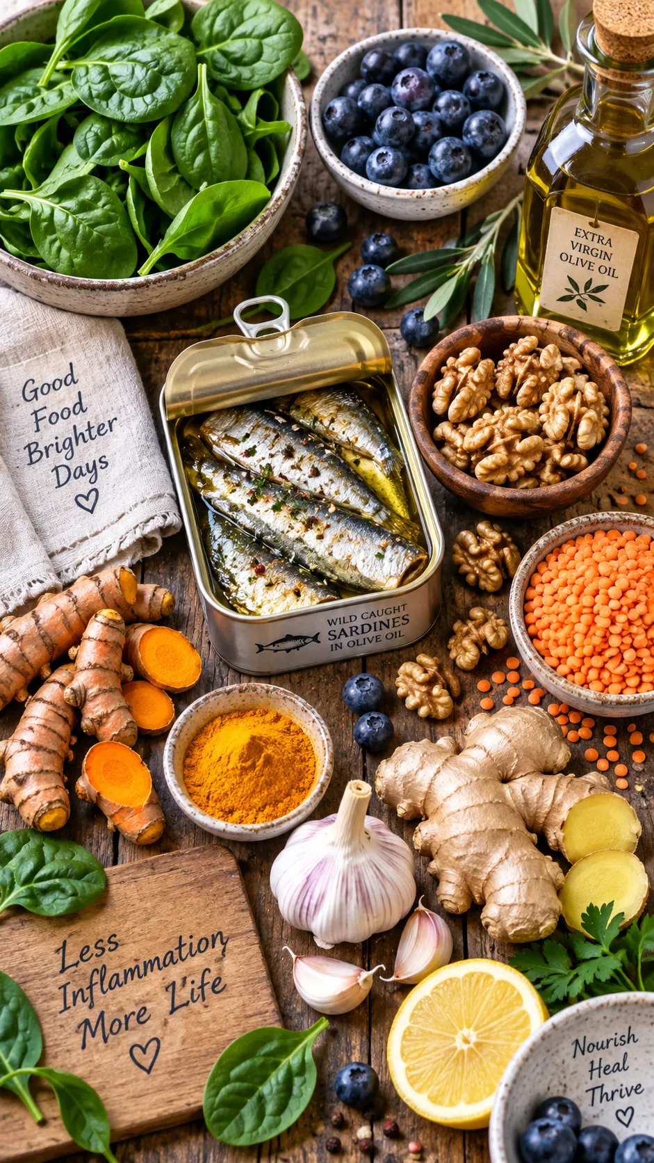 The Low Inflammation Diet Plan That Actually Fits a Busy Life 2 Colourful flat lay of anti-inflammatory foods on a rustic wooden table: tinned sardines, fresh spinach, blueberries, walnuts, turmeric root, olive oil bottle, lentils in a bowl, garlic and ginger, bright natural daylight, food photography