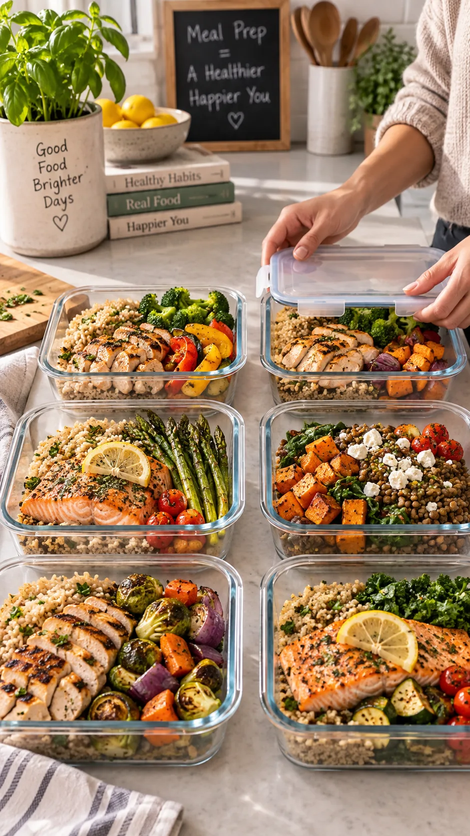 The Low Inflammation Diet Plan That Actually Fits a Busy Life 3 Six glass meal prep containers lined up on a kitchen counter filled with colourful balanced meals - grilled chicken, brown rice, roasted vegetables, salmon, lentils - Sunday afternoon kitchen scene, warm natural light, hands placing a lid on one container