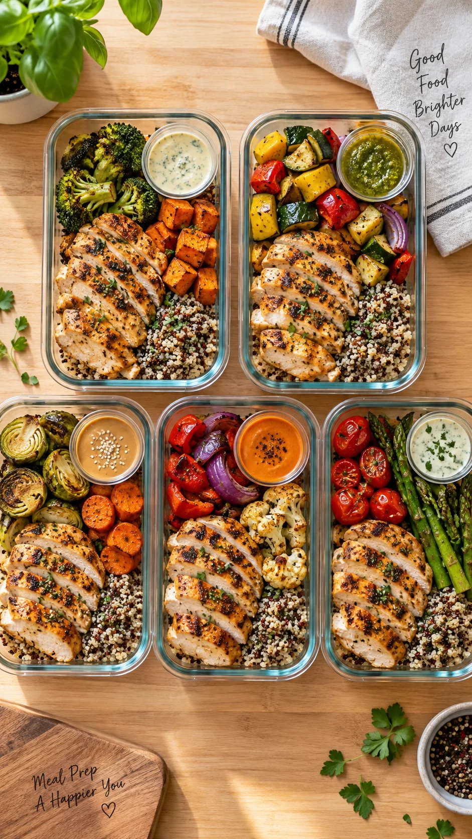 Healthy Chicken Meal Prep Recipes That Actually Keep You Full All Week 1 Overhead shot of five glass meal prep containers on a light wooden counter, each filled with sliced grilled chicken, roasted vegetables, quinoa and a small pot of sauce, natural window light, food photography