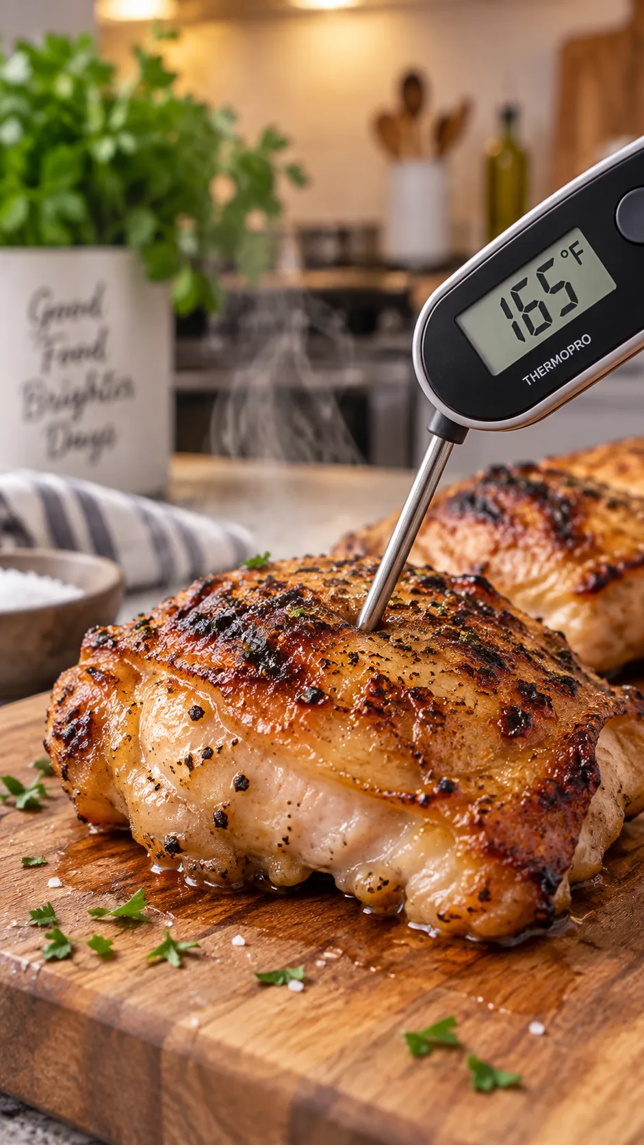 Healthy Chicken Meal Prep Recipes That Actually Keep You Full All Week 2 Close-up of a digital instant-read meat thermometer inserted into a thick grilled chicken thigh on a cutting board, showing temperature reading, steam rising, kitchen background blurred