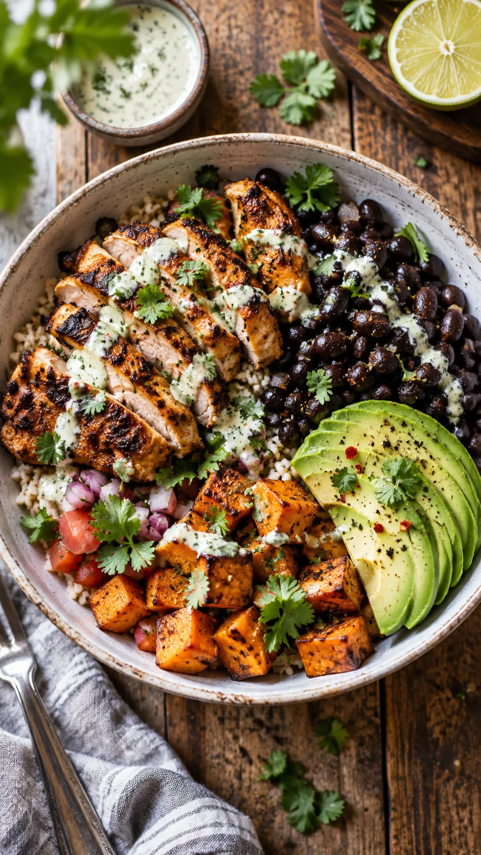 Healthy Diet Food That Actually Keeps You Full (No Bland Meals Required) 1 Overhead shot of a vibrant, generously portioned healthy meal bowl with grilled chicken thighs, black beans, roasted sweet potato, avocado slices, and a creamy sauce drizzle, natural window light, rustic wooden table, shallow depth of field, food photography