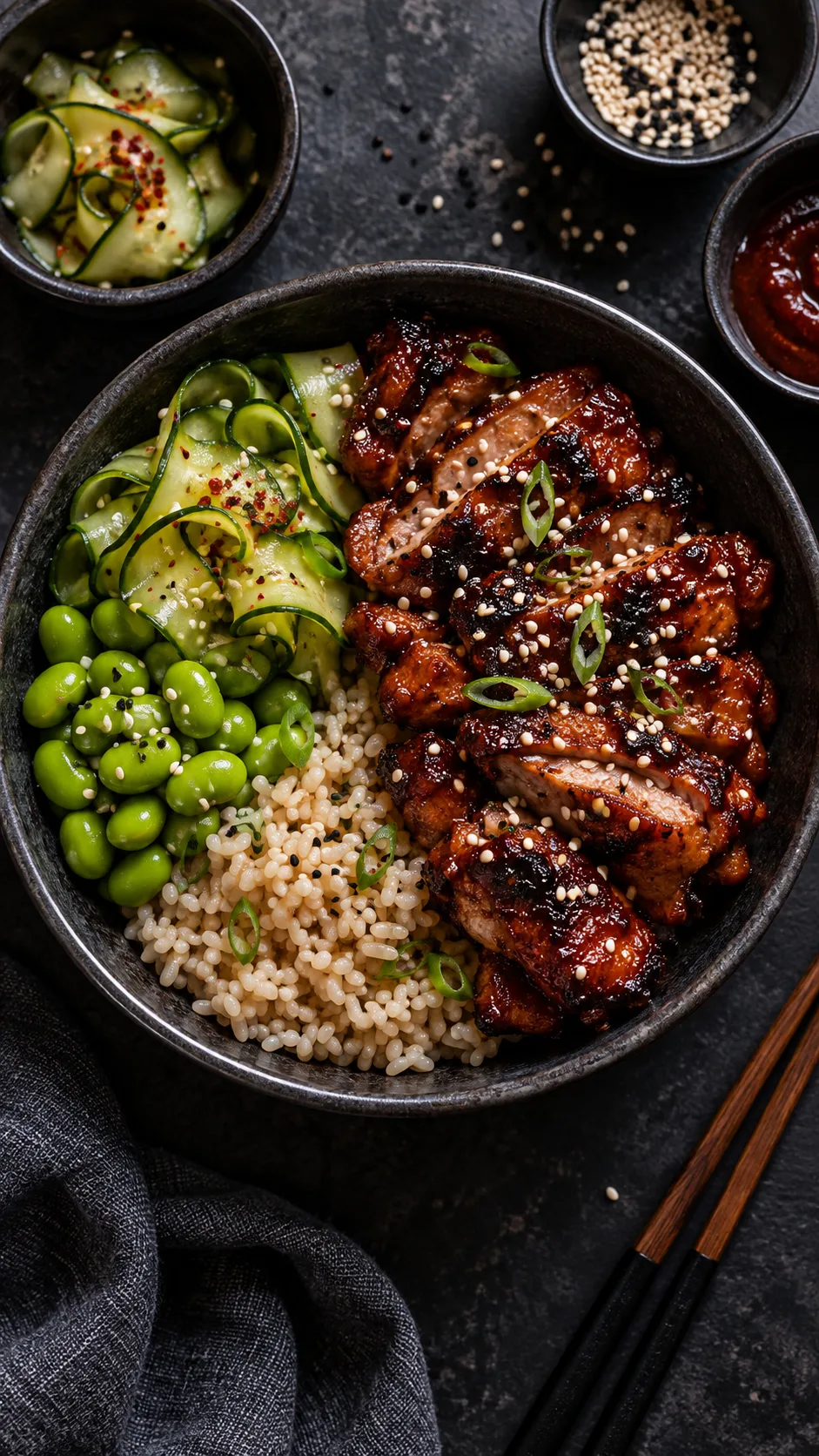 Healthy Chicken Meal Prep Recipes That Actually Keep You Full All Week 3 Korean-style chicken meal prep bowl with glossy caramelized gochujang chicken thighs, brown rice, pickled cucumber ribbons, edamame and sesame seeds, dark moody food photography, overhead angle