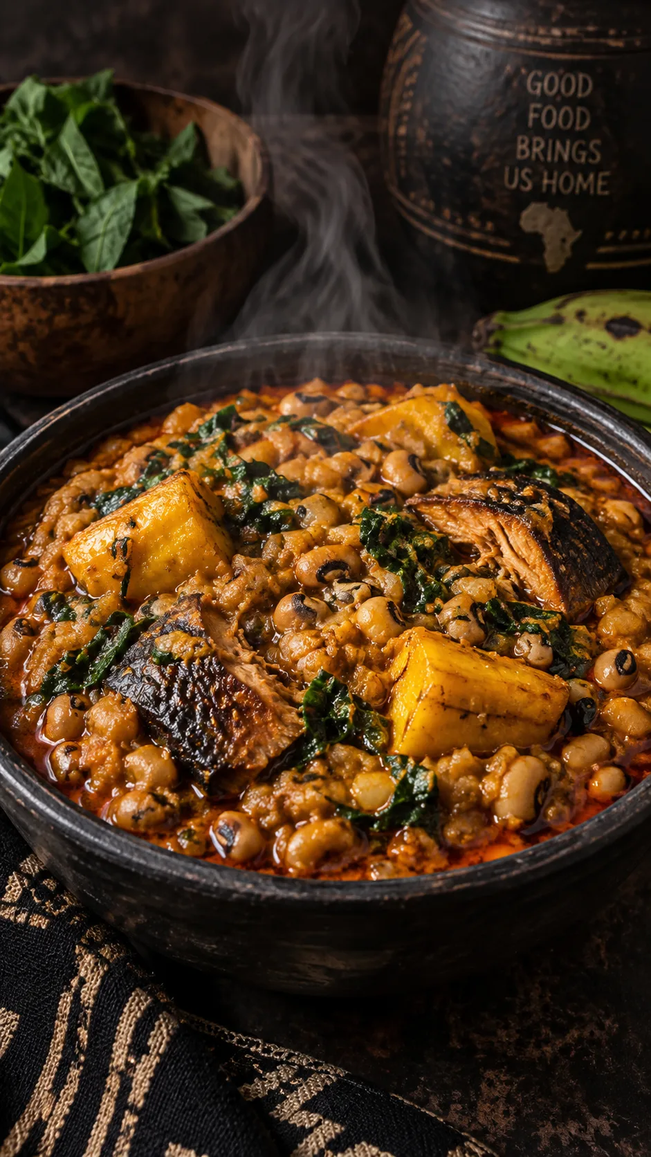 Healthy Diet Food That Actually Keeps You Full (No Bland Meals Required) 2 Close-up of a rich, steaming bowl of Nigerian beans porridge with palm oil sheen, chunks of plantain and smoked fish, garnished with ugu leaves, dark moody lighting, authentic West African food photography