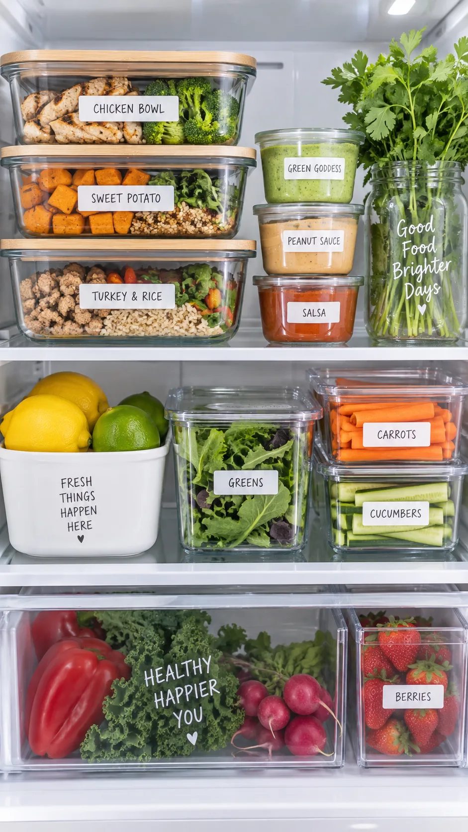 Healthy Chicken Meal Prep Recipes That Actually Keep You Full All Week 4 Organized refrigerator shelf with labeled glass meal prep containers, small sauce cups, and fresh herbs, clean minimal styling, bright lighting