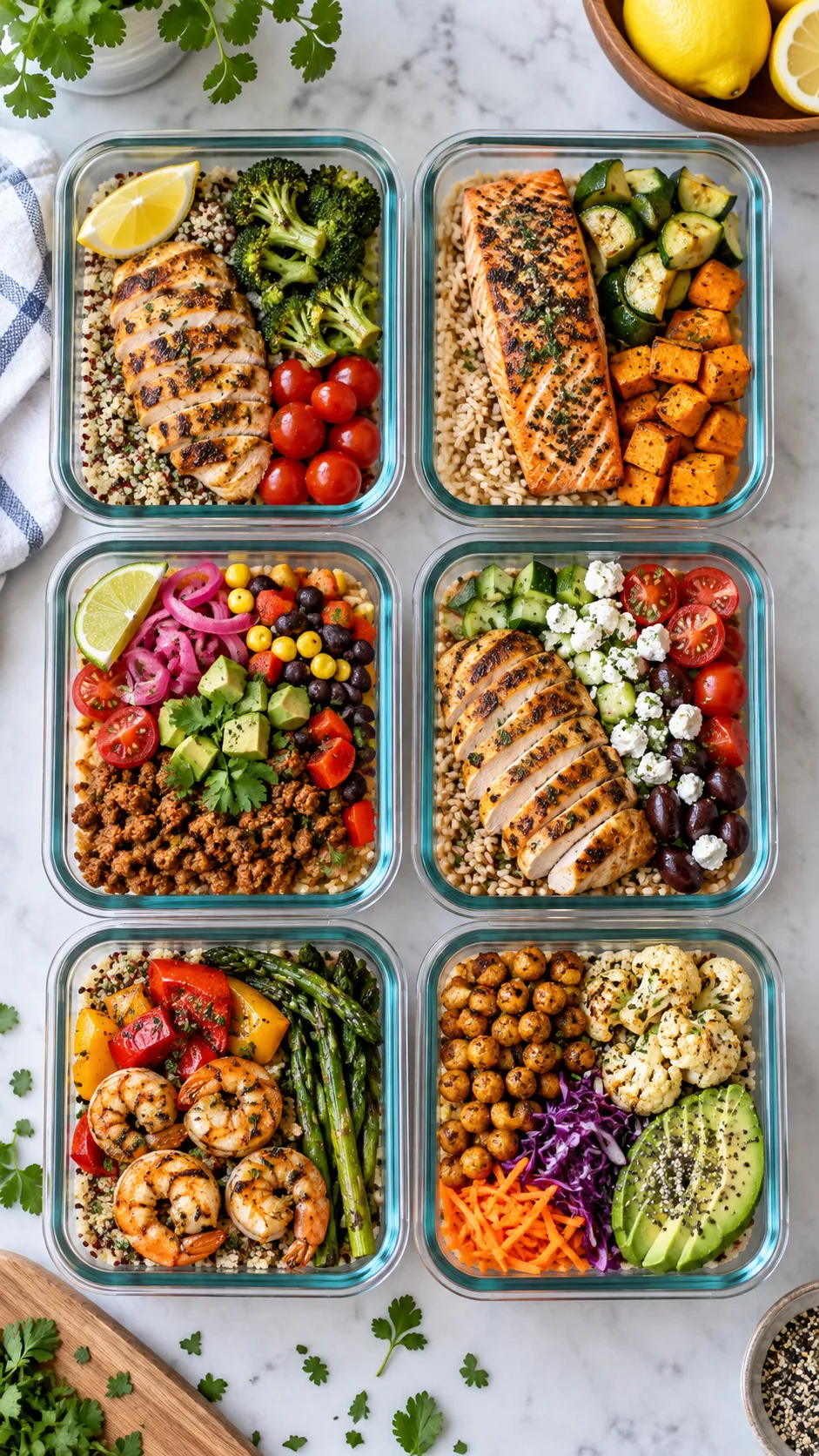 Healthy Diet Food That Actually Keeps You Full (No Bland Meals Required) 4 Six glass meal prep containers arranged in a grid on a kitchen counter, each filled with colorful balanced meals featuring grilled proteins, grains, beans and vegetables, bright natural light, top-down flat lay, clean modern food photography