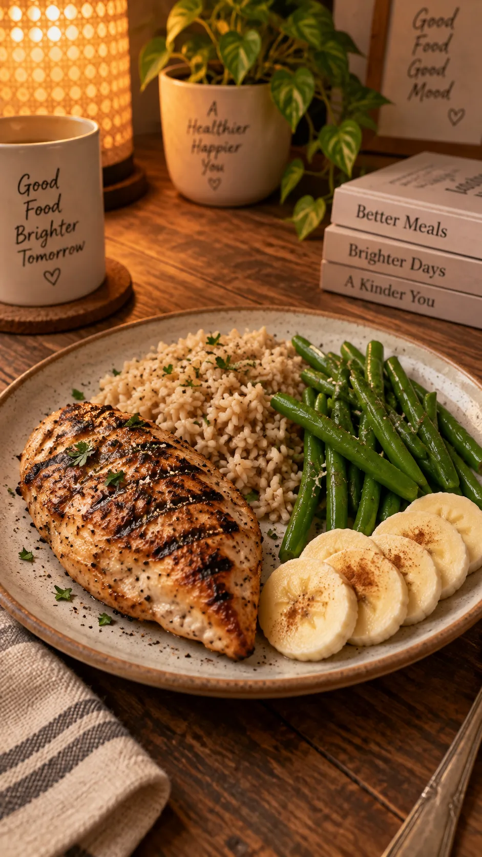 Warm overhead photograph of a soothing evening dinner plate with grilled chicken breast, brown rice, steamed green beans and sliced banana on a rustic wooden table, soft lamp lighting, cozy home kitchen mood