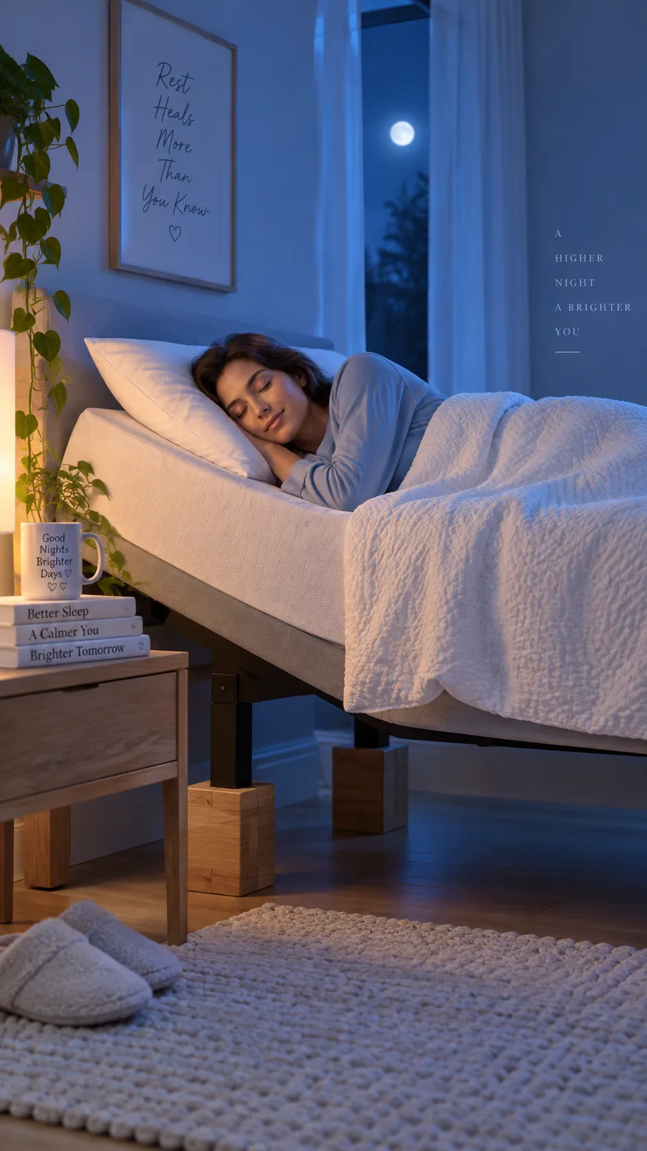 Side view illustration-style photograph of a person sleeping comfortably on their left side in a bed elevated at the head with wooden bed risers, soft blue nighttime lighting, clean minimal bedroom