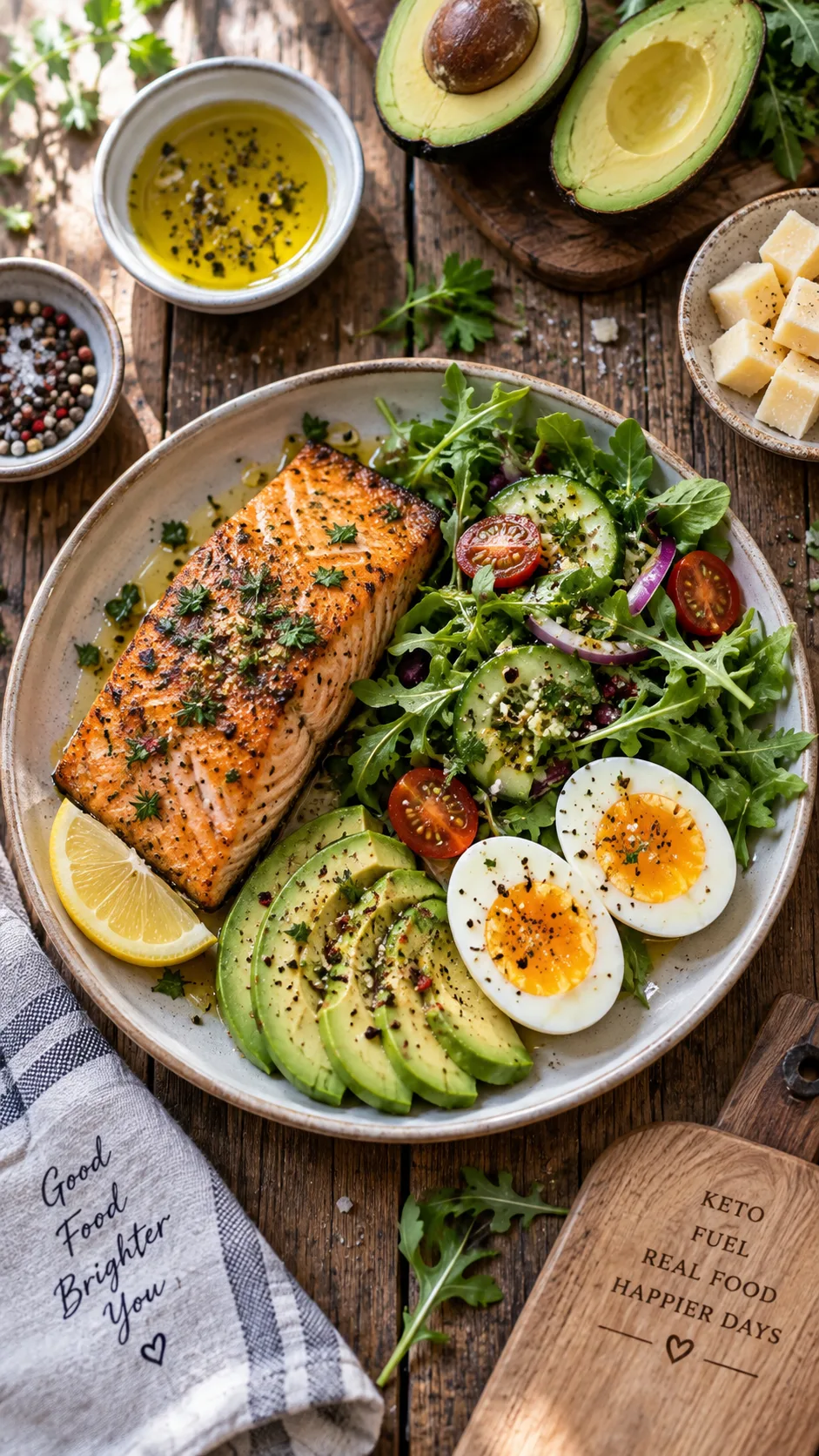 Your First Week on Keto: A Simple Keto Meal Plan That Actually Keeps You Full 1 Overhead flat lay of a colorful keto meal spread on a rustic wooden table: seared salmon fillet, avocado halves, boiled eggs, leafy green salad, olive oil drizzle, cheese cubes, natural window light, food photography, shallow depth of field