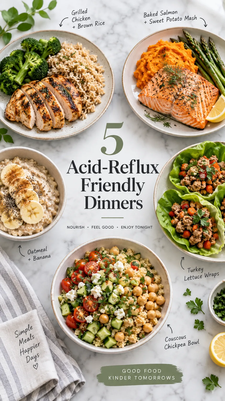 Flat lay photograph of five acid-reflux-friendly dinners arranged on a light marble surface: grilled chicken with brown rice, baked salmon with sweet potato mash, oatmeal with banana, turkey lettuce wraps, and a couscous chickpea bowl, natural daylight, food photography