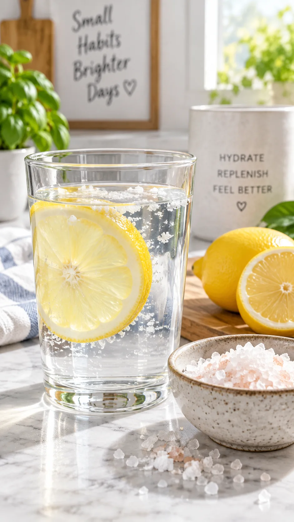 Your First Week on Keto: A Simple Keto Meal Plan That Actually Keeps You Full 2 Close-up of a glass of water with sea salt, lemon slice and a small bowl of mineral salt beside it on a kitchen counter, representing electrolyte replacement, bright airy lighting