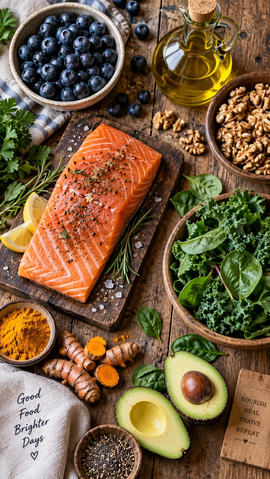 The Anti Inflammation Diet Meal Plan Beginners Actually Stick To 1 Overhead shot of a rustic wooden table filled with anti-inflammatory foods: salmon fillet, blueberries, olive oil bottle, walnuts, leafy greens, turmeric root, and avocado, natural window light, warm tones, food photography style