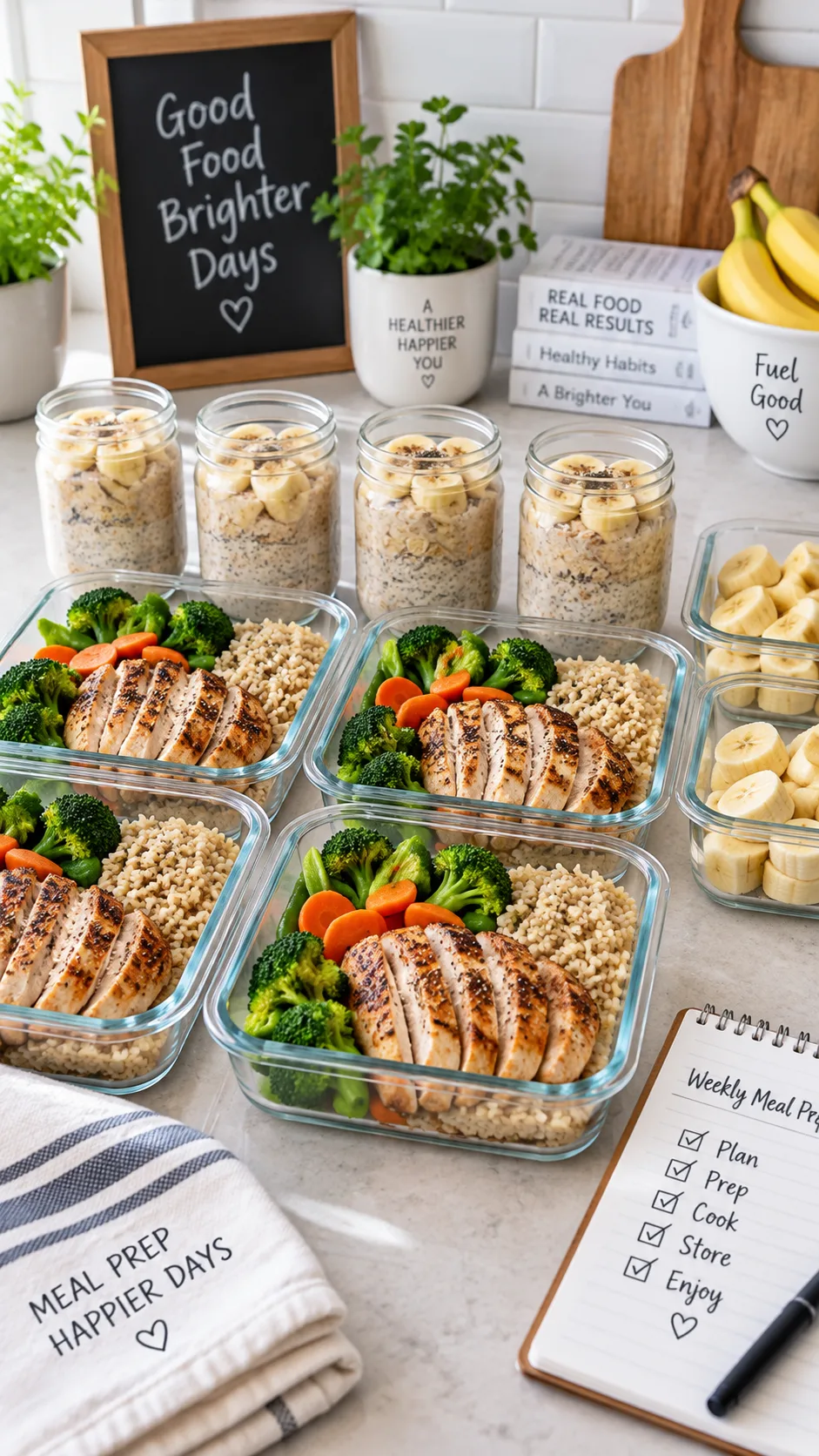 Clean weekly meal prep photograph showing glass containers filled with grilled chicken, brown rice, steamed vegetables, oatmeal jars and chopped banana, arranged neatly on a kitchen counter, bright natural lighting