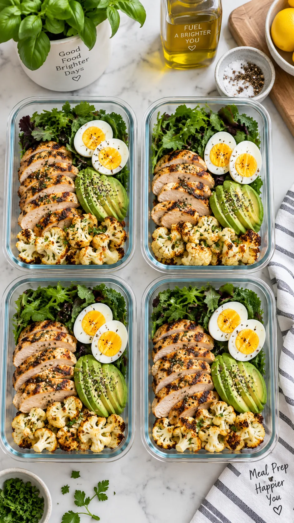 Your First Week on Keto: A Simple Keto Meal Plan That Actually Keeps You Full 3 Meal prep containers lined up on a kitchen counter filled with grilled chicken, boiled eggs, avocado slices, leafy greens and roasted cauliflower, clean bright modern kitchen, top-down view