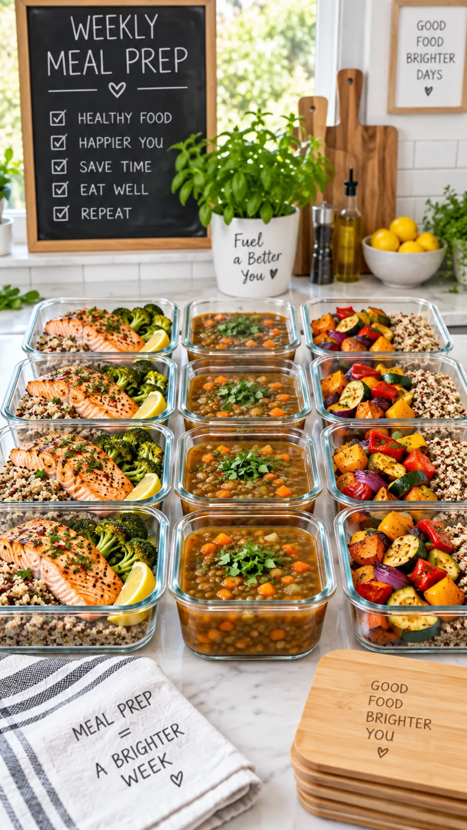 The Anti Inflammation Diet Meal Plan Beginners Actually Stick To 3 Weekly meal prep containers lined up on a kitchen counter filled with salmon, lentil soup, roasted vegetables and quinoa, glass containers, bright modern kitchen background, organized and appealing