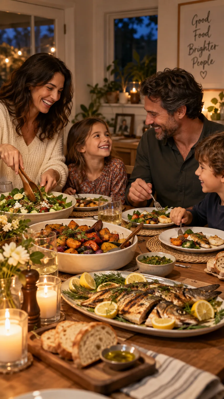 The Anti Inflammation Diet Meal Plan Beginners Actually Stick To 4 Family gathered around a dinner table sharing a colorful meal of roasted vegetables, grilled fish and salad, candid warm atmosphere, natural evening lighting, genuine smiles