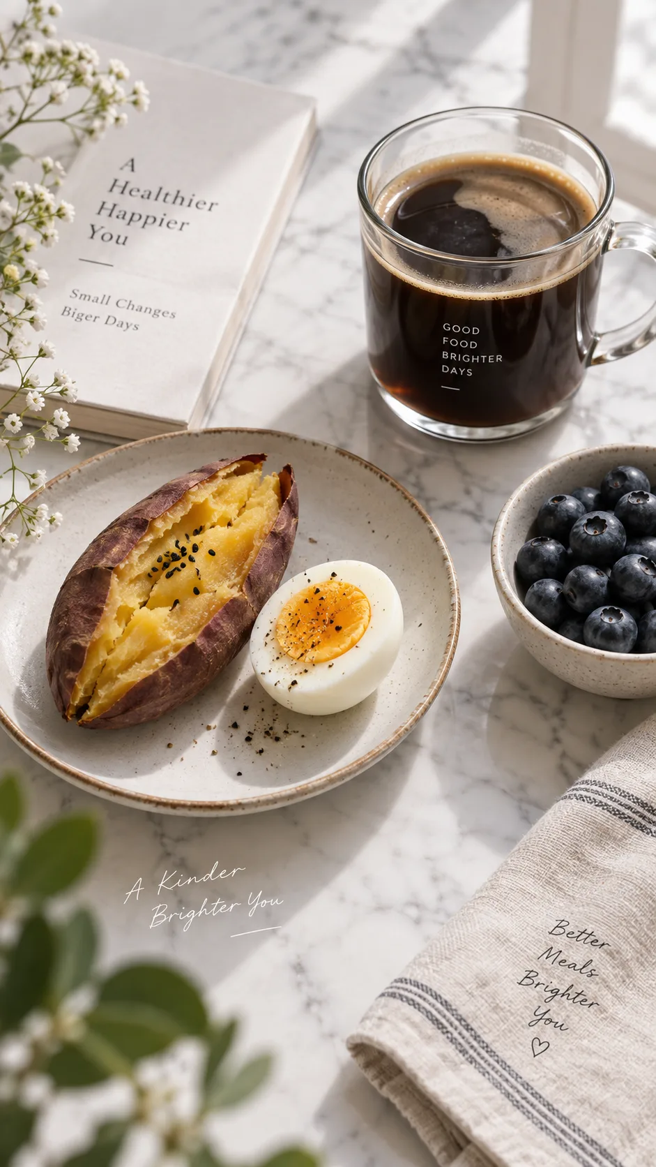 The Wonyoung Diet Plan That Has Everyone Talking — And What It Actually Takes 1 Aesthetic flat lay of a minimal Korean-style breakfast on a white marble surface: half a sweet potato, one boiled egg, a small bowl of blueberries, black coffee in a glass cup, soft natural window light, editorial food photography, shallow depth of field