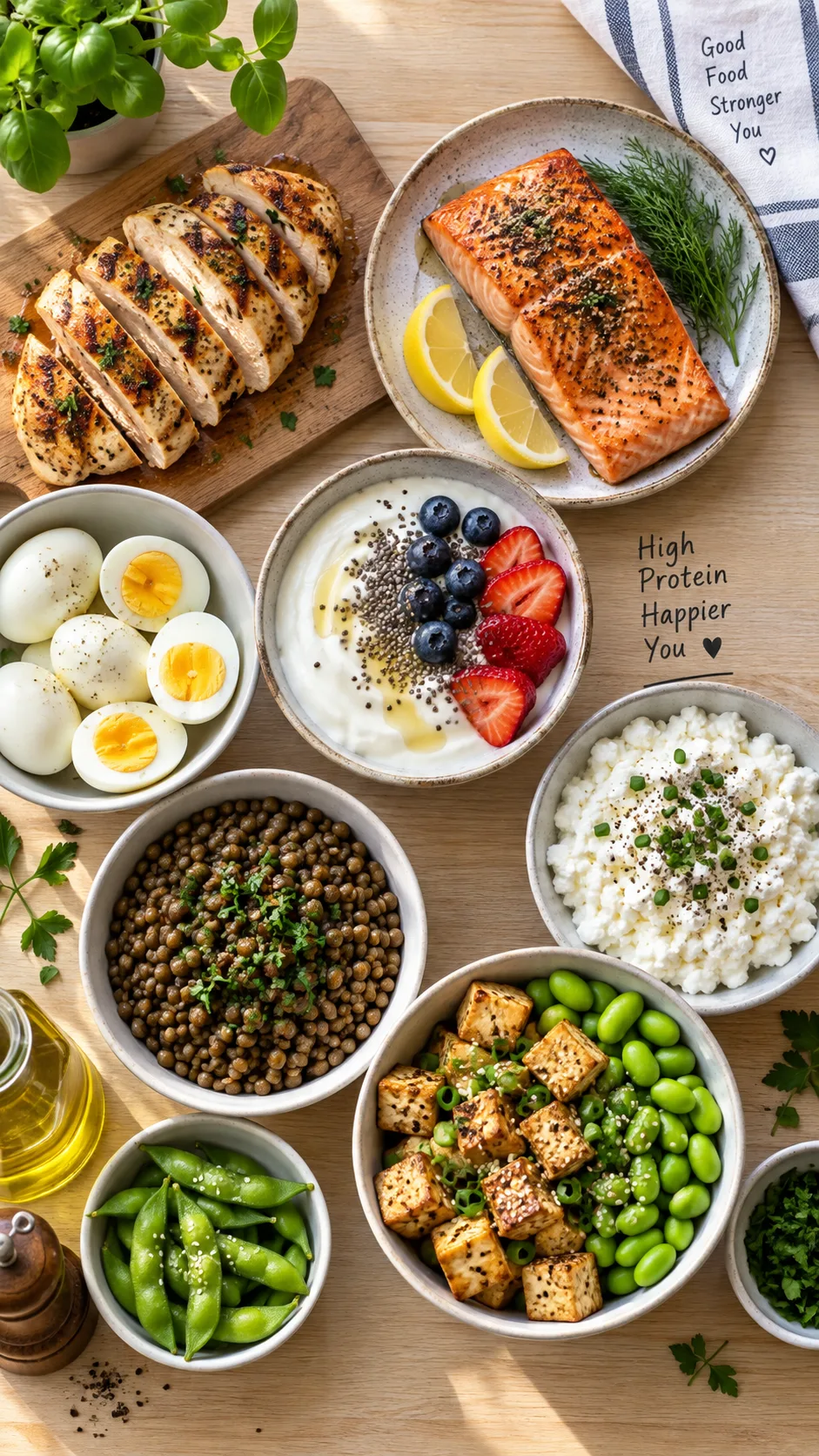 The High Protein Diet Plan That Actually Keeps You Full (And Builds Muscle) 1 Overhead flat lay of a high protein meal prep spread on a light wooden table: grilled chicken breast, salmon fillet, boiled eggs, Greek yogurt bowl, cottage cheese, lentils, tofu cubes and edamame, natural window light, crisp food photography