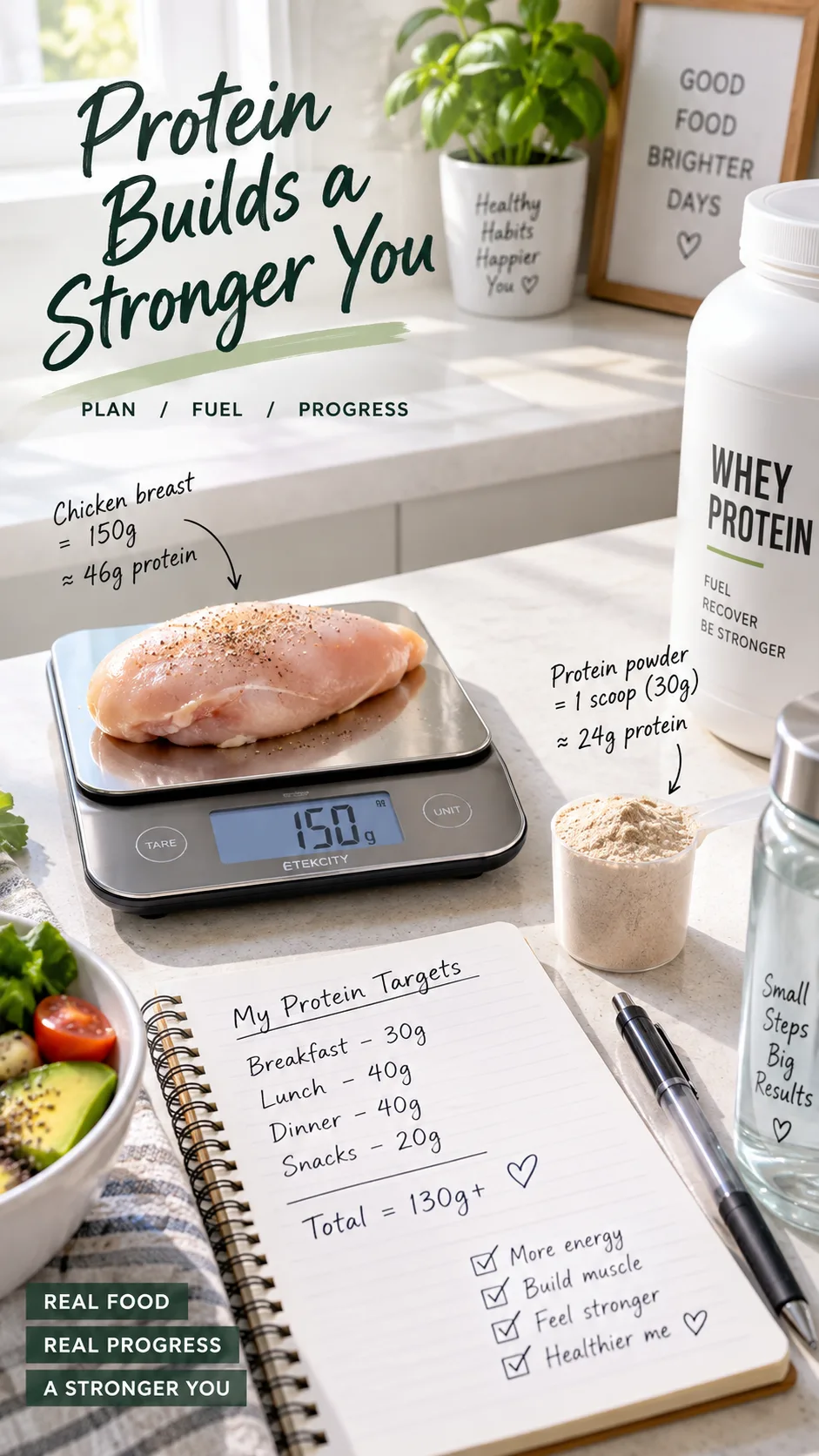 The High Protein Diet Plan That Actually Keeps You Full (And Builds Muscle) 2 Clean infographic-style photo of a kitchen counter with a food scale showing a 150g chicken breast, a measuring scoop of protein powder, and a notebook with protein targets written in handwriting, bright natural lighting