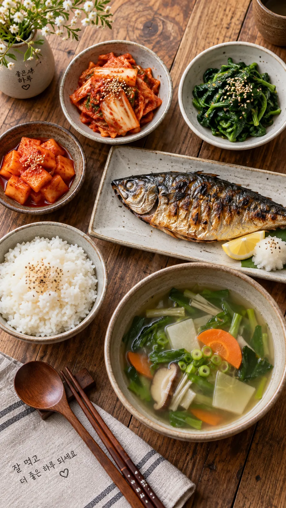 The Wonyoung Diet Plan That Has Everyone Talking — And What It Actually Takes 2 Overhead shot of a healthy Korean meal spread: bowl of clear vegetable soup, steamed rice, grilled fish, banchan side dishes of kimchi and seasoned spinach, wooden table, warm natural light, documentary food photography