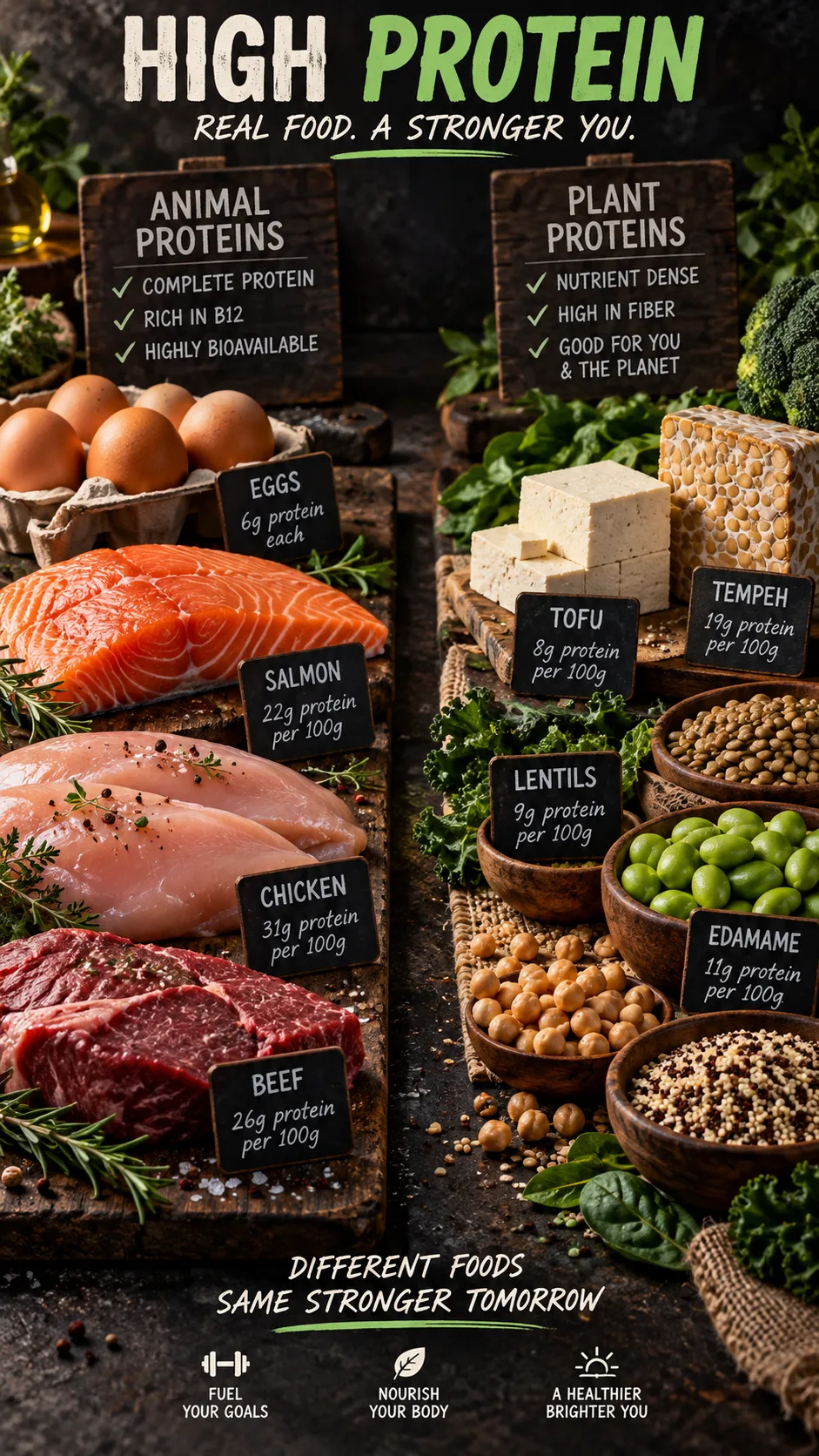 The High Protein Diet Plan That Actually Keeps You Full (And Builds Muscle) 3 Vibrant market-style display of high protein foods arranged by category, animal proteins on one side and plant proteins on the other, tofu tempeh lentils edamame next to eggs salmon chicken, rustic dark background, dramatic side lighting