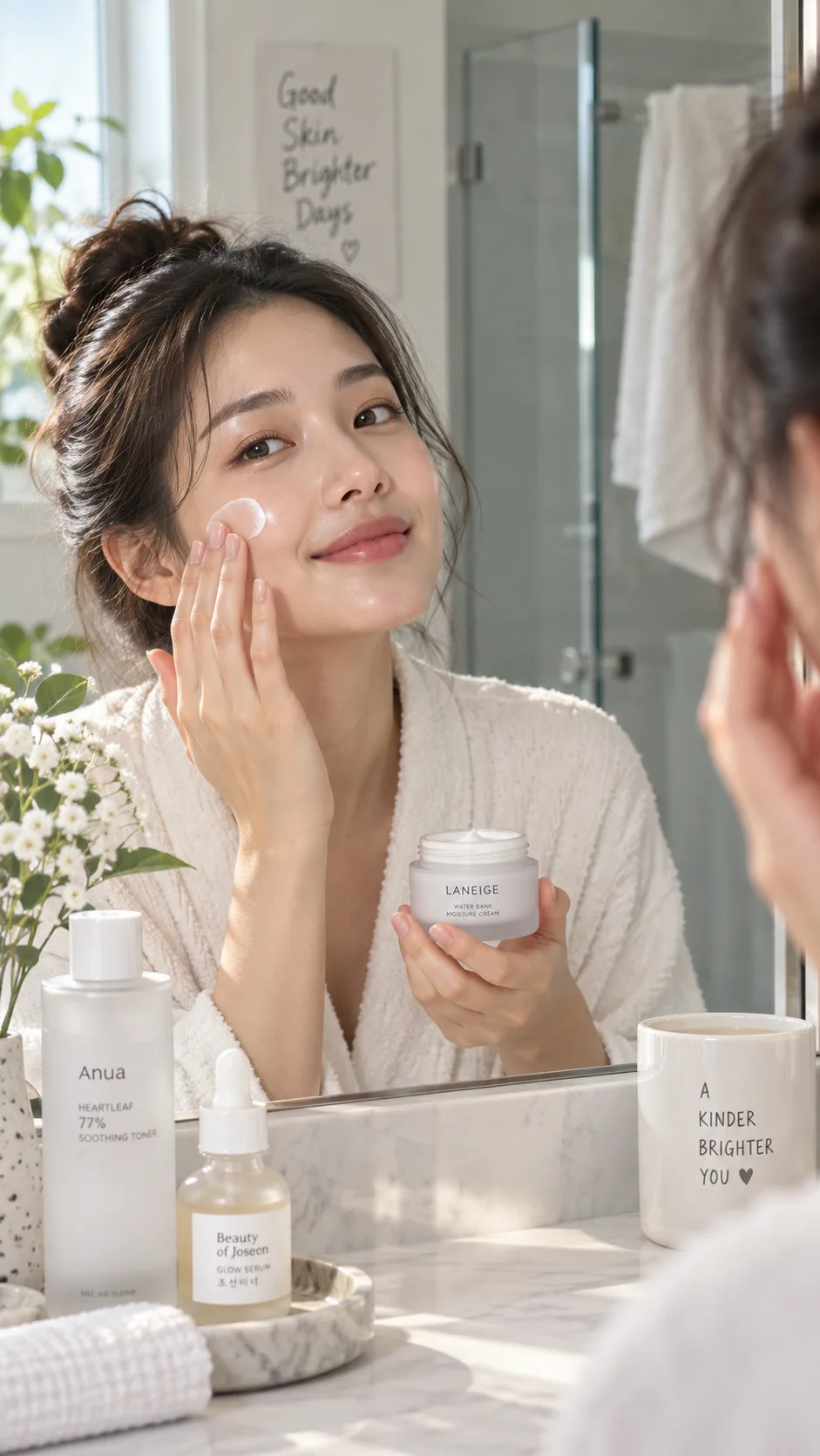 The Wonyoung Diet Plan That Has Everyone Talking — And What It Actually Takes 4 Close-up of a woman applying facial moisturizer in front of a bathroom mirror, dewy healthy skin, minimal Korean skincare products on the counter, soft morning light, lifestyle photography