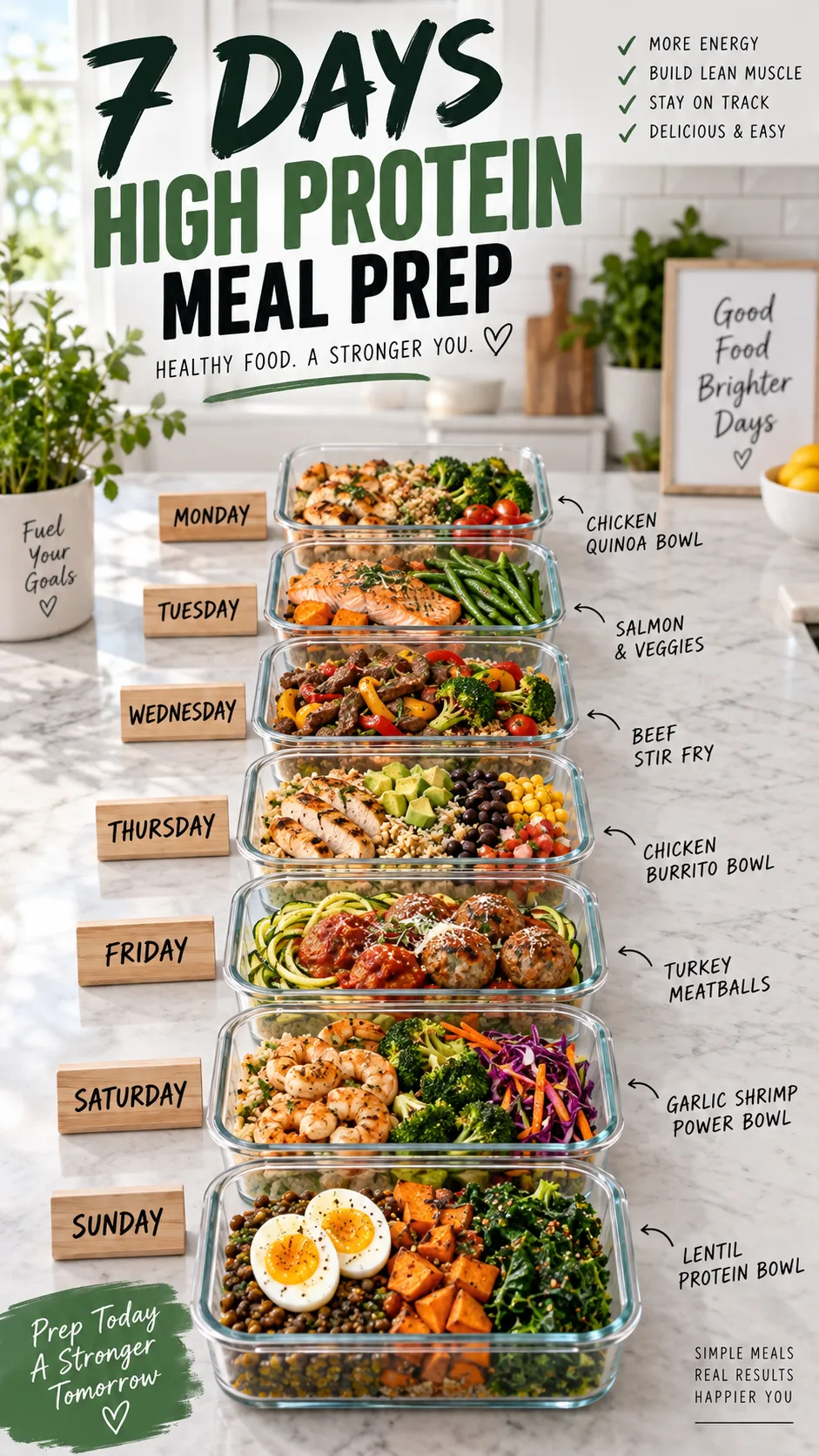 The High Protein Diet Plan That Actually Keeps You Full (And Builds Muscle) 4 Seven glass meal prep containers lined up on a kitchen counter, each with a different high protein meal, chicken quinoa bowls salmon and vegetables beef stir fry, labelled with days of the week, bright modern kitchen