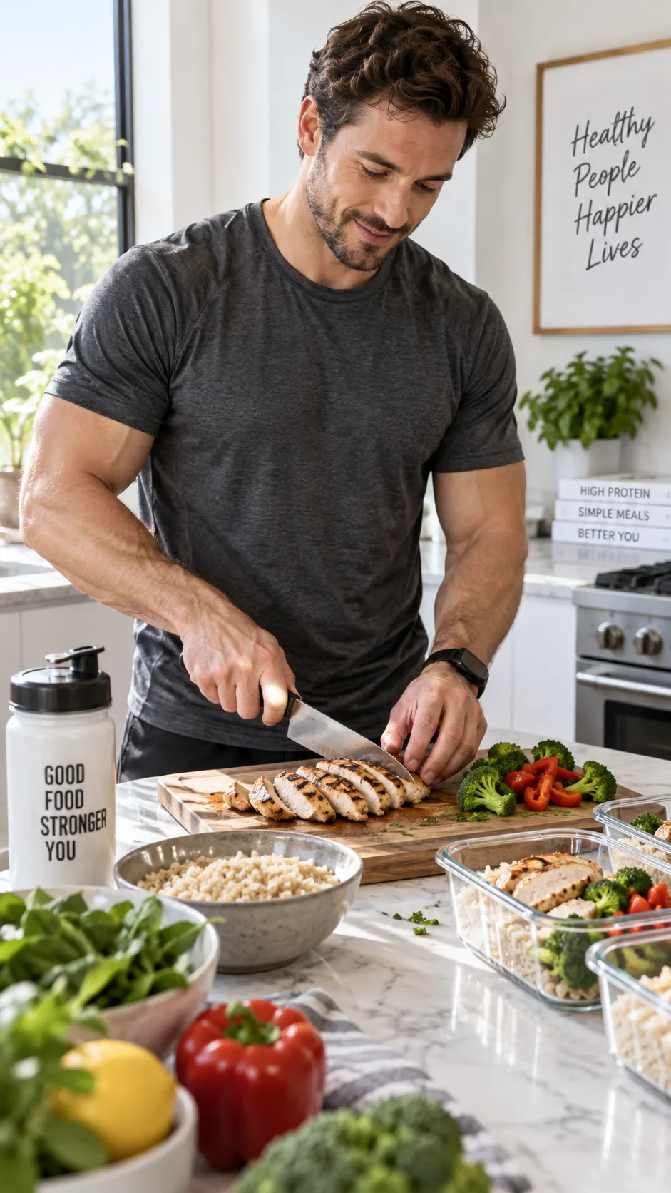 A fit man in his 30s in a bright modern kitchen preparing a high-protein meal with grilled chicken, rice, and vegetables on a cutting board, natural morning light, candid documentary photography style
