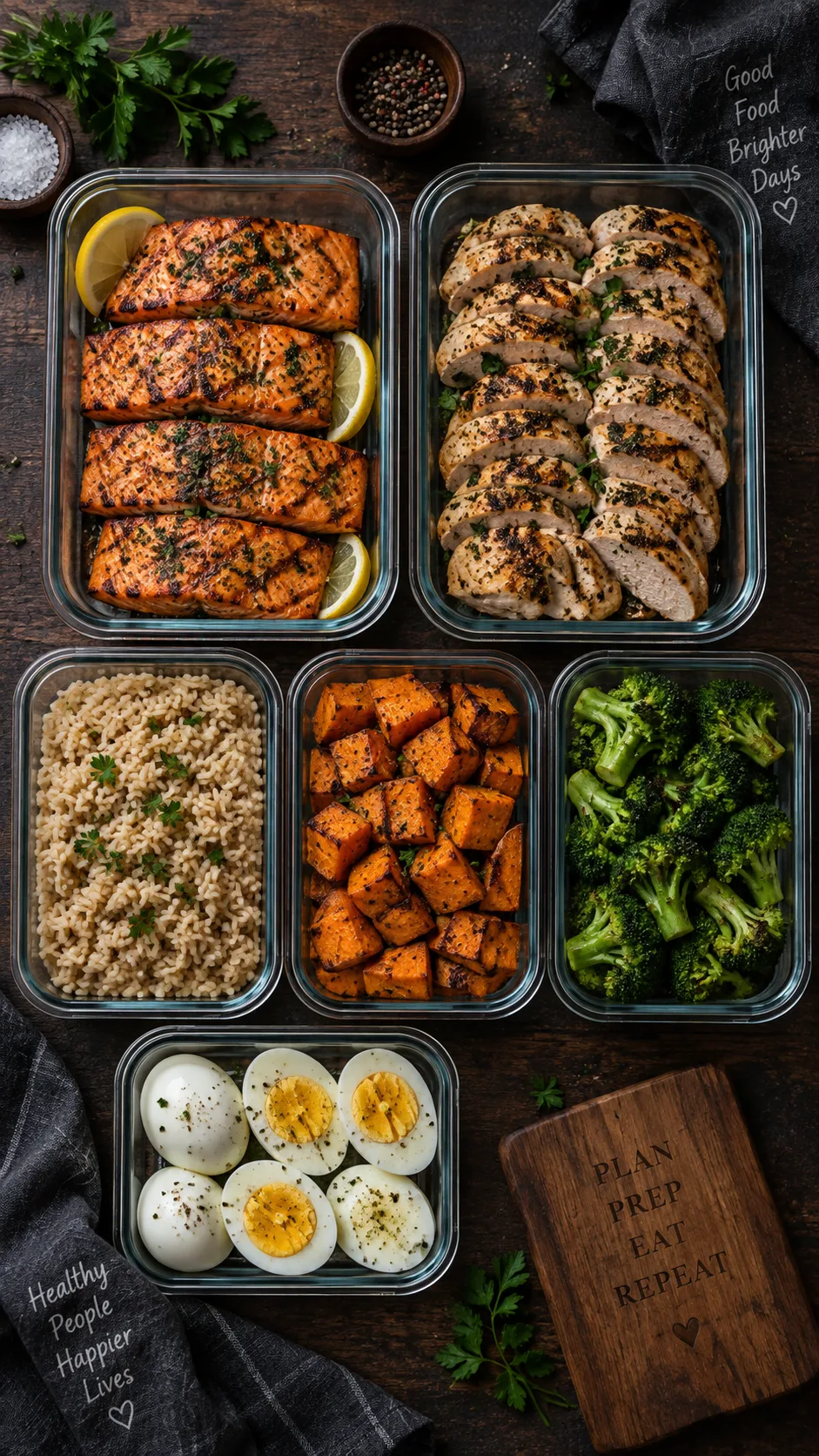 Overhead flat lay of a weekly meal prep spread in glass containers: grilled salmon, chicken breast, brown rice, sweet potatoes, broccoli, and eggs, on a dark wooden table, moody food photography