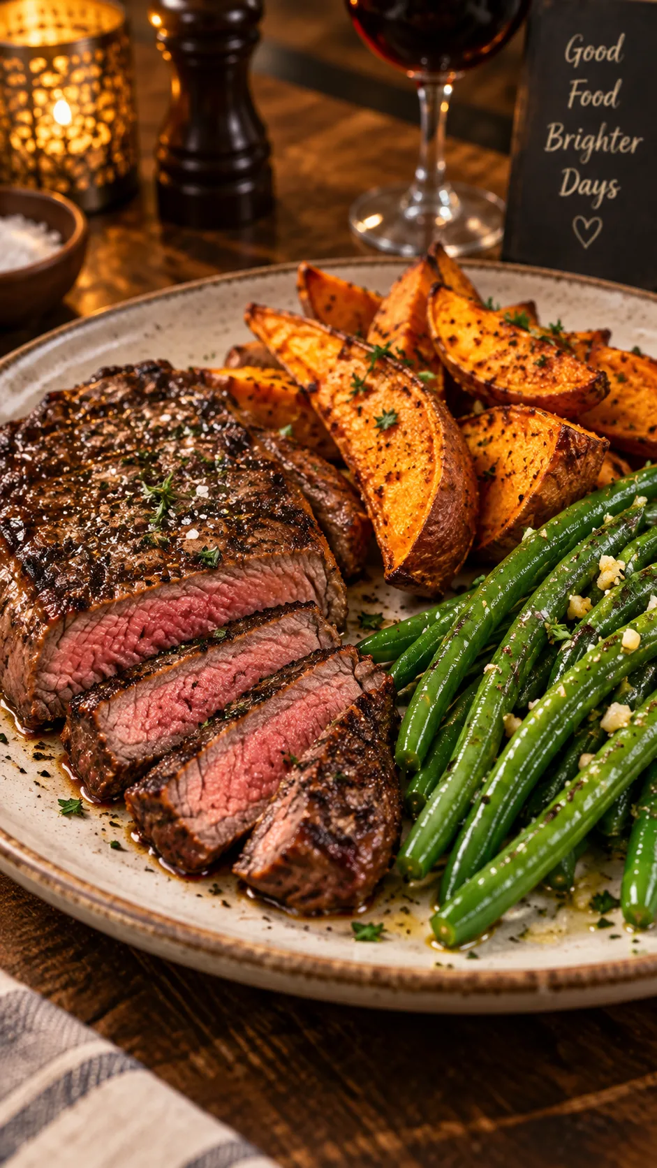 Close-up of a healthy plate divided into sections: grilled steak, roasted sweet potato wedges, green beans with olive oil drizzle, shot from a 45-degree angle with warm restaurant lighting