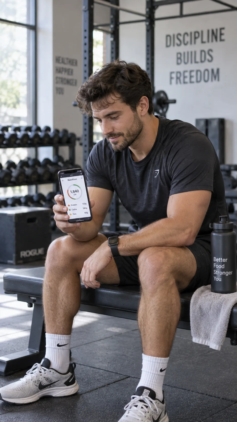 A man in athletic wear sitting on a gym bench checking a nutrition tracking app on his phone, water bottle beside him, natural gym lighting, authentic lifestyle photography