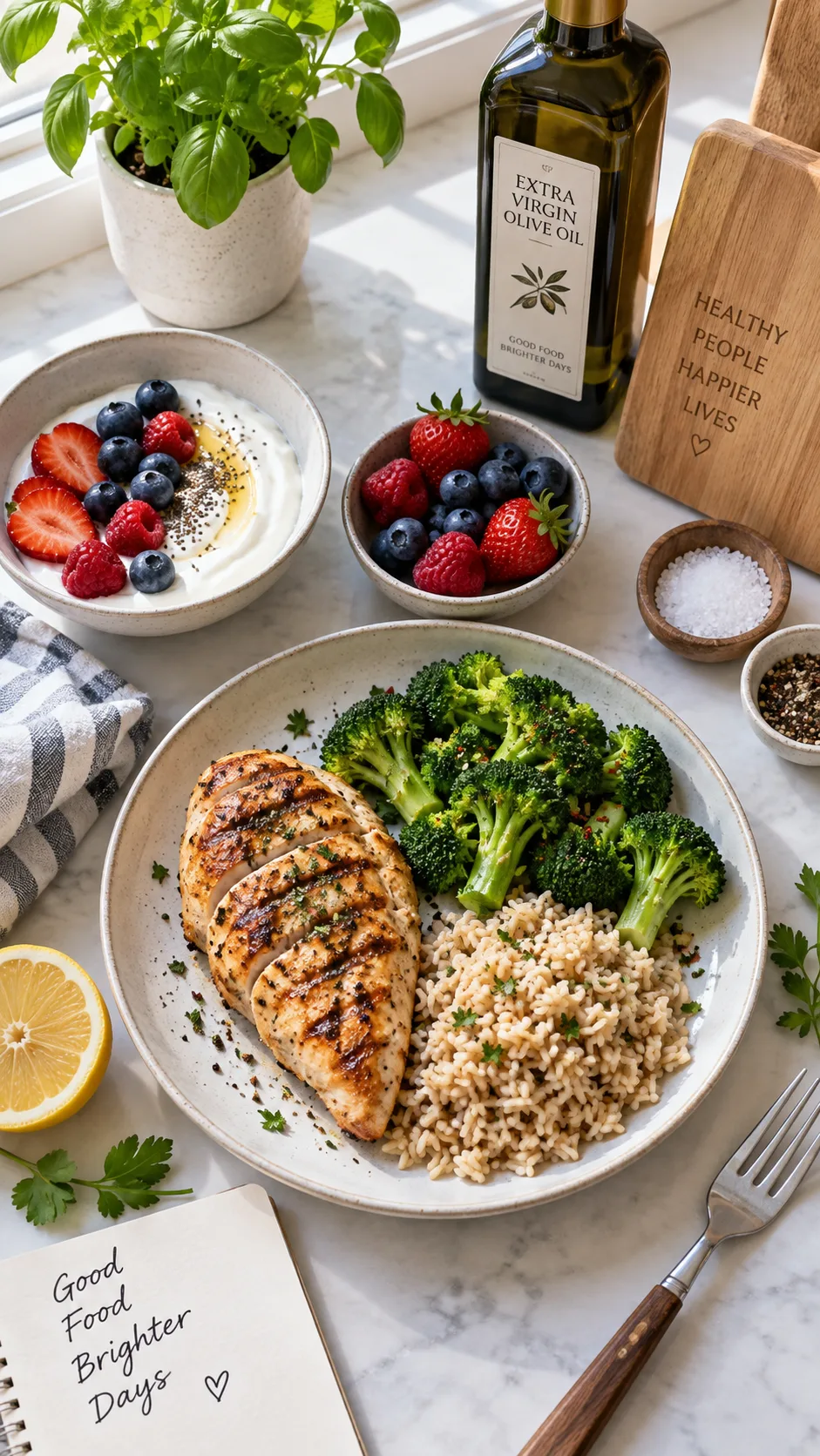 Low Fat Diet Done Right: The Mistakes Keeping You from Real Results 1 Overhead photo of a bright kitchen counter with grilled chicken breast, steamed broccoli, brown rice, Greek yogurt, berries and olive oil bottle, natural window light, realistic food photography