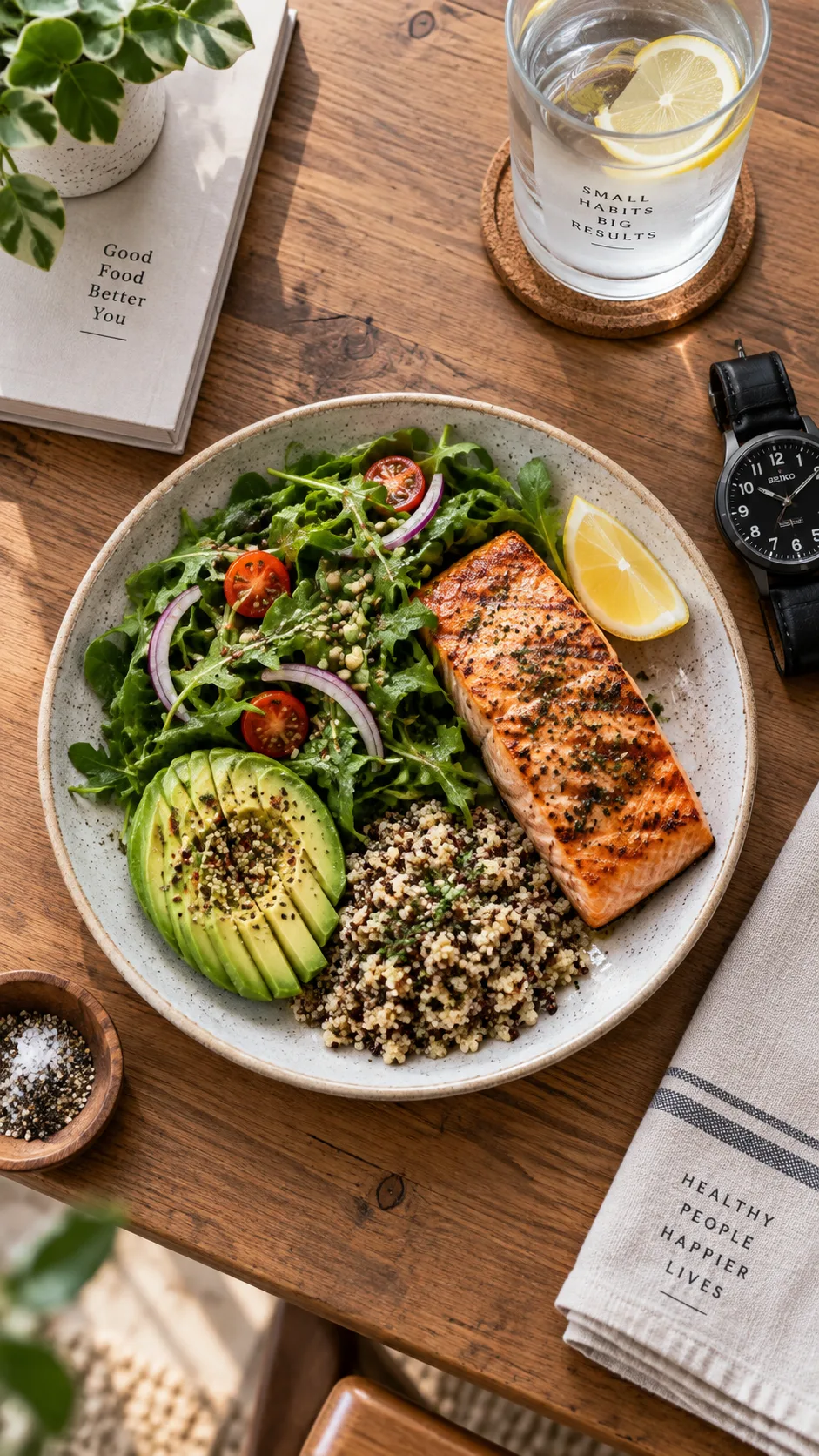 The Fasting Diet Plan That Finally Makes Intermittent Fasting Click 1 Overhead shot of a clean wooden kitchen table with a plated high-protein meal, grilled salmon, avocado, leafy greens, alongside a black analog wristwatch and a glass of water, natural window light, editorial food photography