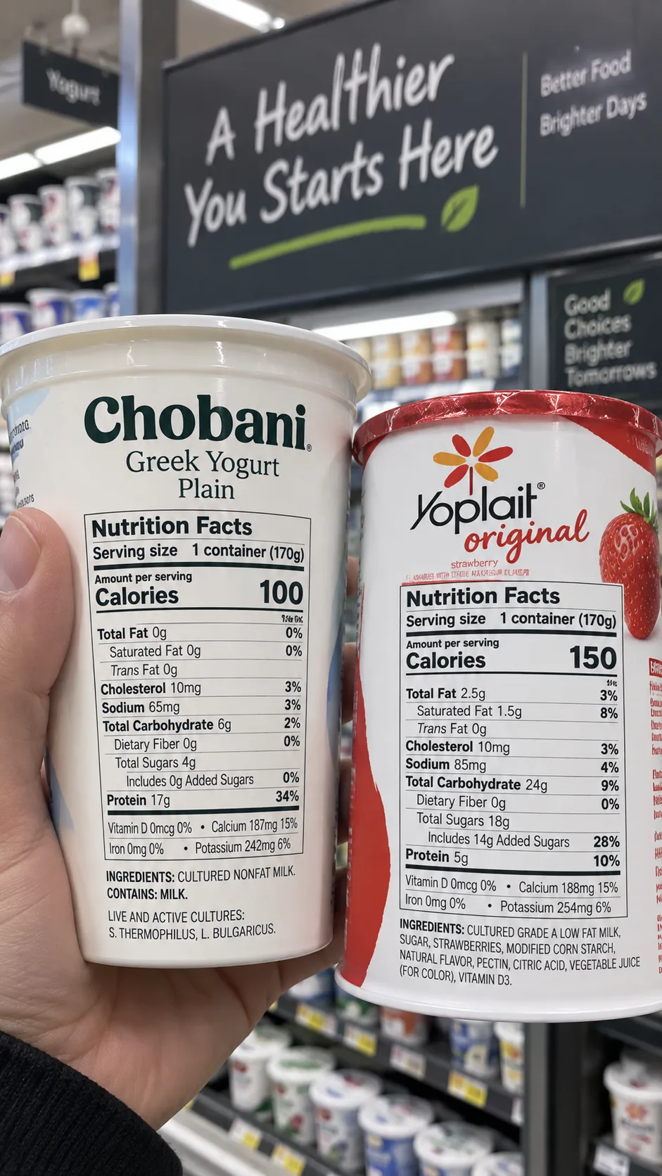 Low Fat Diet Done Right: The Mistakes Keeping You from Real Results 2 Close up comparison shot of two yogurt containers side by side with nutrition labels visible, hand holding one, supermarket aisle background, documentary style photography