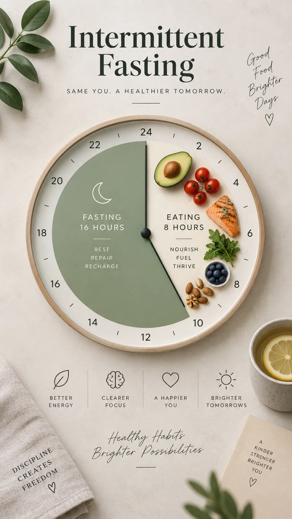 The Fasting Diet Plan That Finally Makes Intermittent Fasting Click 2 Minimalist infographic-style flat lay showing a 24-hour clock face divided into eating and fasting windows, with small food icons in the eating window section, soft neutral background, clean modern design photography