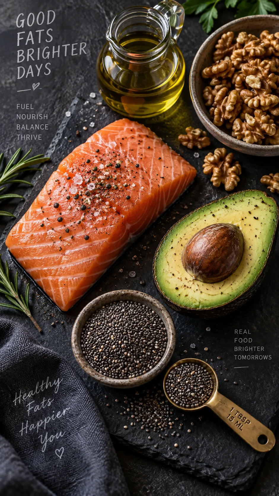 Low Fat Diet Done Right: The Mistakes Keeping You from Real Results 3 Flat lay of healthy fat sources on slate board: salmon fillet, walnuts, chia seeds, olive oil in small glass jar, half avocado, measuring spoon, moody natural lighting