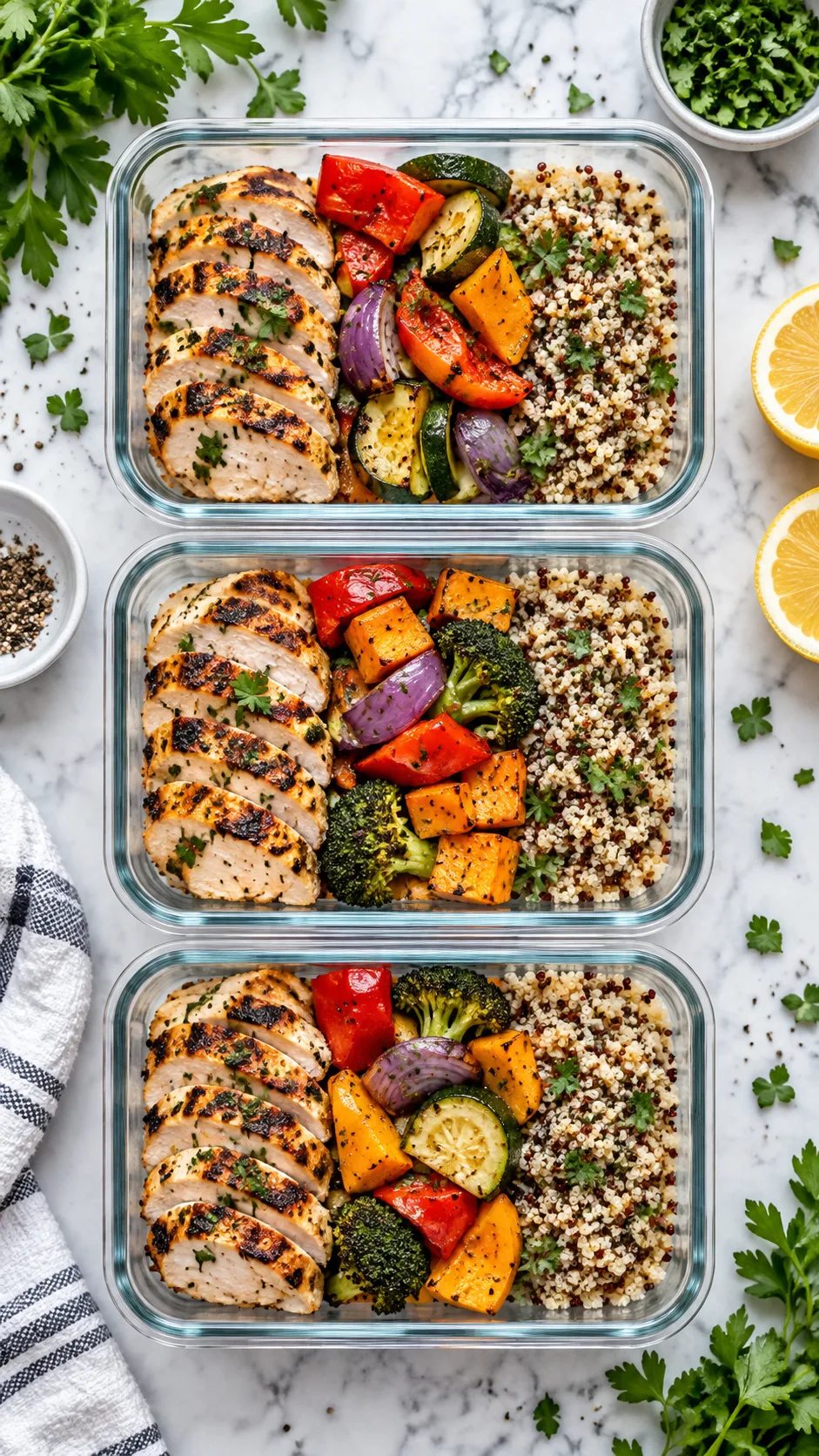 The Fasting Diet Plan That Finally Makes Intermittent Fasting Click 3 Three meal prep glass containers lined up on a marble counter, each with grilled chicken, colorful roasted vegetables and quinoa, fresh herbs scattered, bright natural lighting, top-down food photography