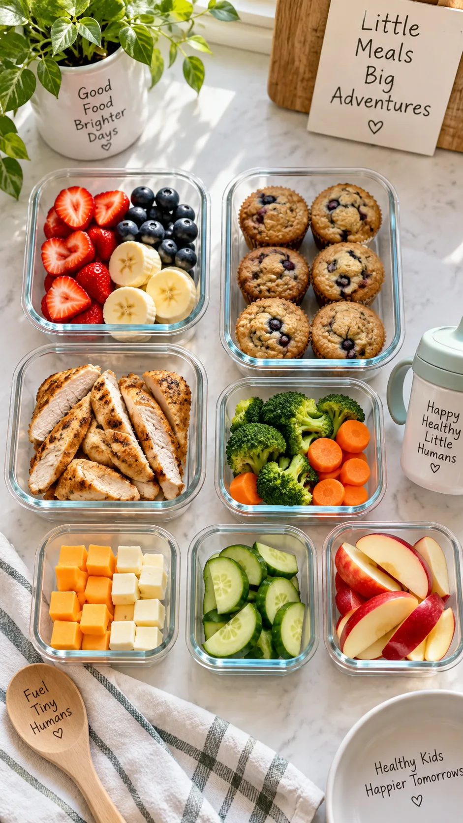 Toddler Meal Prep for the Week: Simple Ideas That Actually Get Eaten 1 Overhead shot of a bright kitchen counter with small glass containers of toddler-friendly prepped food: cut fruit, mini muffins, chicken strips, steamed vegetables, cheese cubes, arranged neatly, natural window light, warm and homey