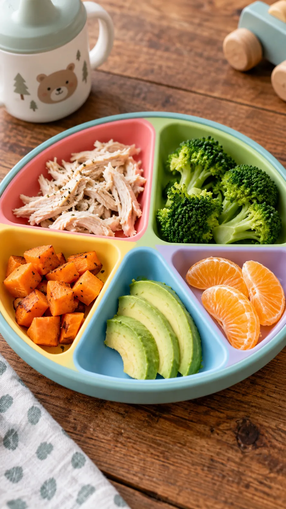 Toddler Meal Prep for the Week: Simple Ideas That Actually Get Eaten 2 Close-up of a colourful divided toddler plate showing small portions: shredded chicken, steamed broccoli florets, diced sweet potato, avocado slices and orange segments, on a wooden table, soft natural lighting