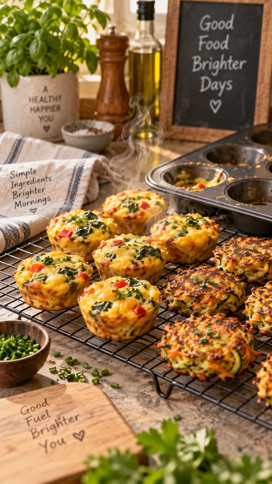 Toddler Meal Prep for the Week: Simple Ideas That Actually Get Eaten 3 A batch of mini egg muffins and veggie fritters cooling on a wire rack next to a muffin tin, kitchen setting, steam rising, warm golden lighting, food photography style