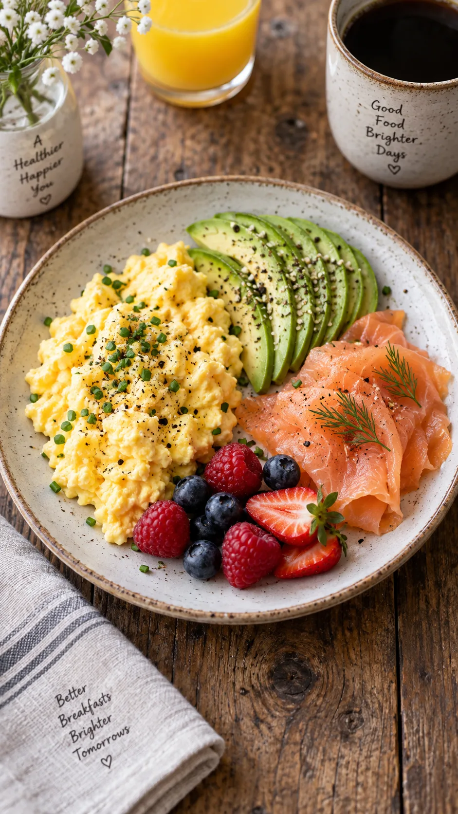 The Insulin Resistance Diet Plan That Finally Makes Your Blood Sugar Work for You 1 Overhead shot of a balanced breakfast plate with scrambled eggs, avocado slices, smoked salmon and a small handful of berries on a rustic wooden table, soft natural morning light, shallow depth of field, food photography