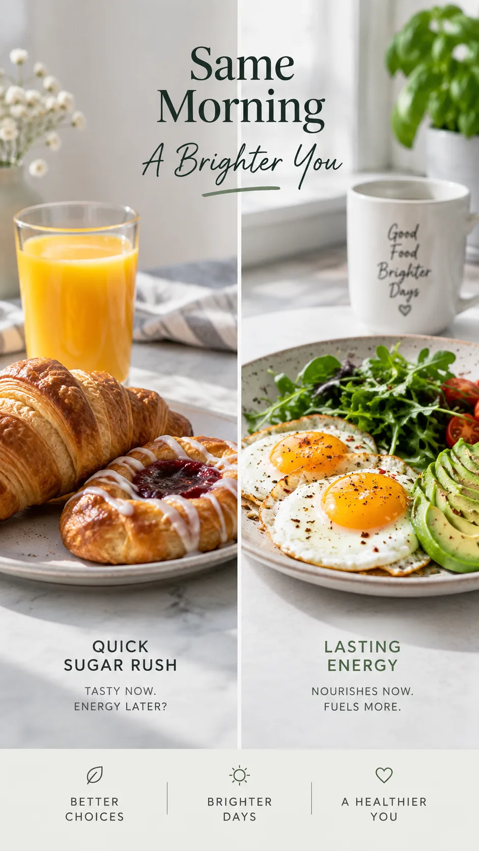 The Insulin Resistance Diet Plan That Finally Makes Your Blood Sugar Work for You 3 Side by side comparison photo: a glass of orange juice and pastries versus a plate of eggs, greens and avocado, natural daylight, clean minimal styling, health editorial photography