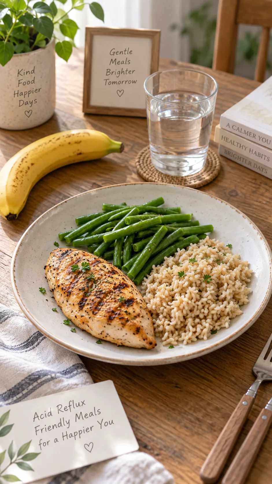 The GERD Diet Plan That Finally Stopped My Acid Reflux for Good 1 A calm, natural-light overhead shot of a wooden kitchen table with a plate of grilled chicken, steamed green beans, brown rice, a banana, and a glass of water, styled as a gentle acid reflux friendly meal, soft morning light, shallow depth of field