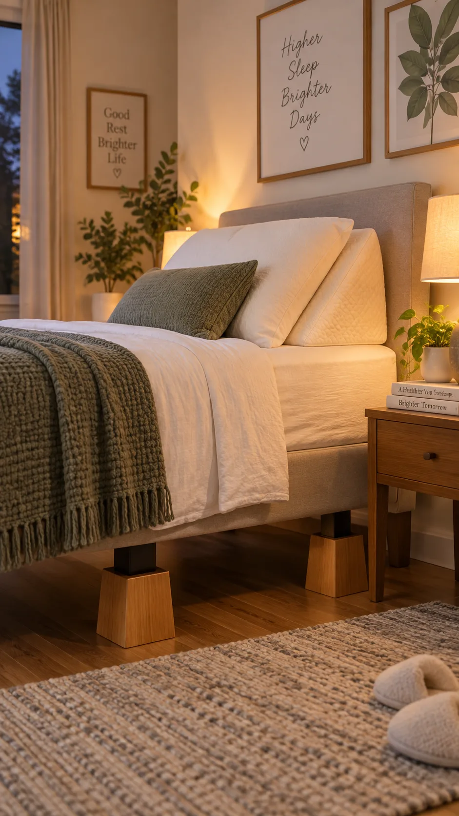 The GERD Diet Plan That Finally Stopped My Acid Reflux for Good 2 A bedroom scene showing a bed with the head end slightly elevated on wooden bed risers, a wedge pillow, warm evening lamp light, clean minimal interior, photographed at eye level